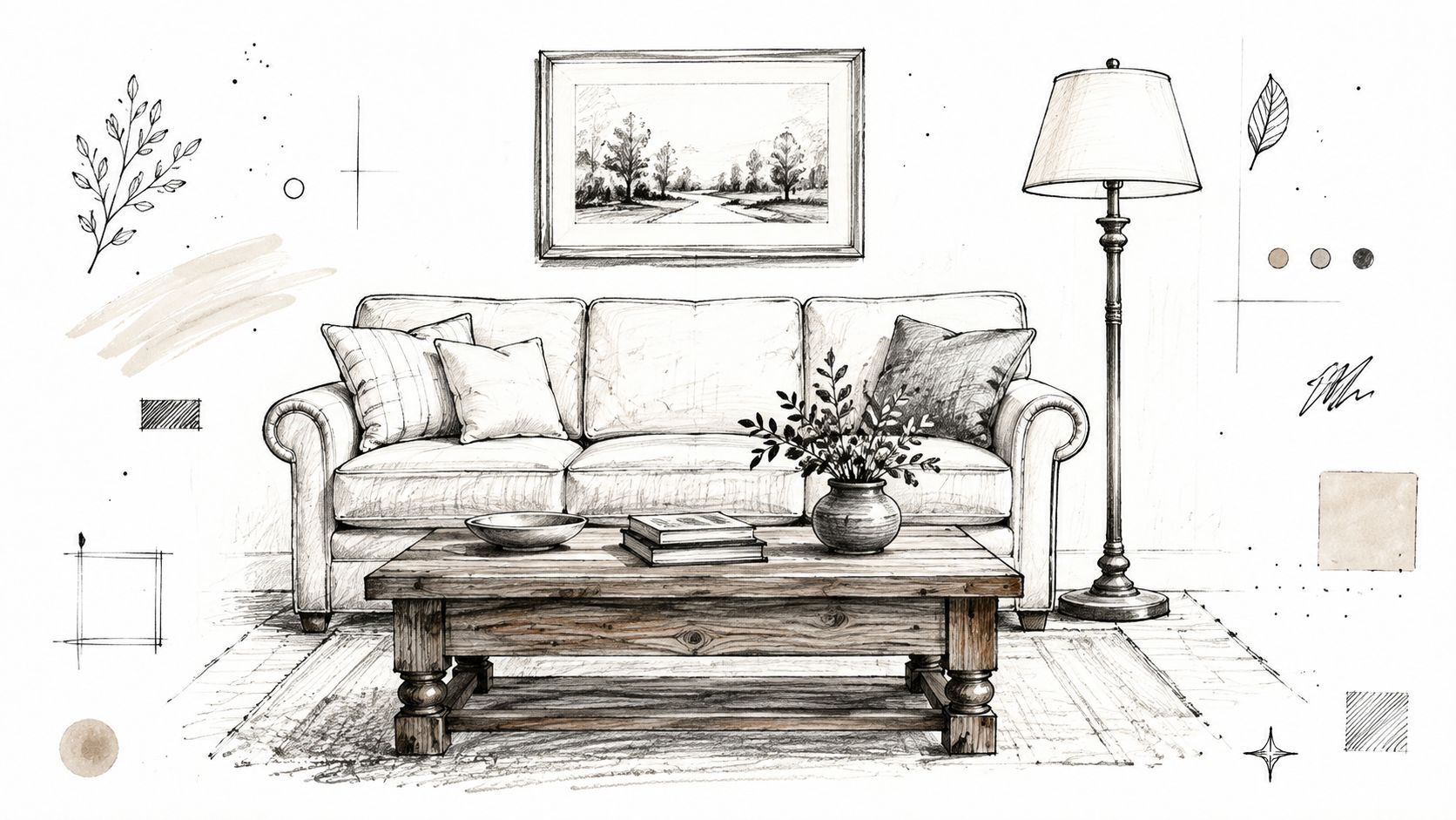 Un accogliente disegno a matita di un soggiorno arredato con un divano, tavolino in legno e lampada.