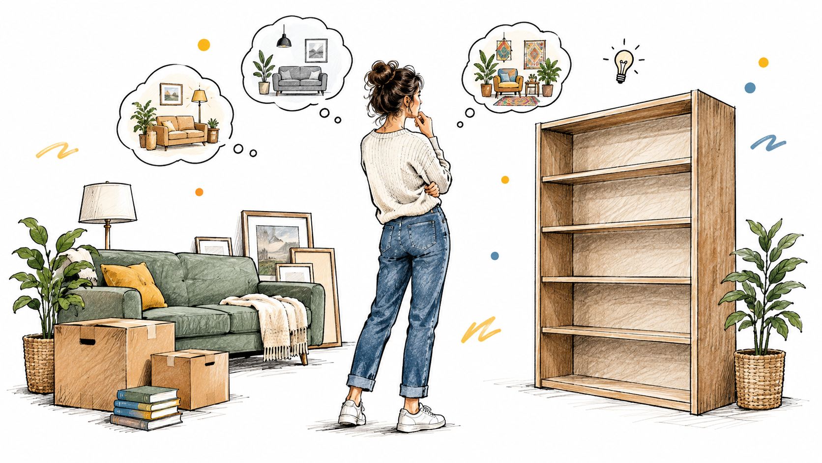 Una donna riflette sull'arredamento di casa guardando una libreria vuota tra mobili, piante e scatole da trasloco.