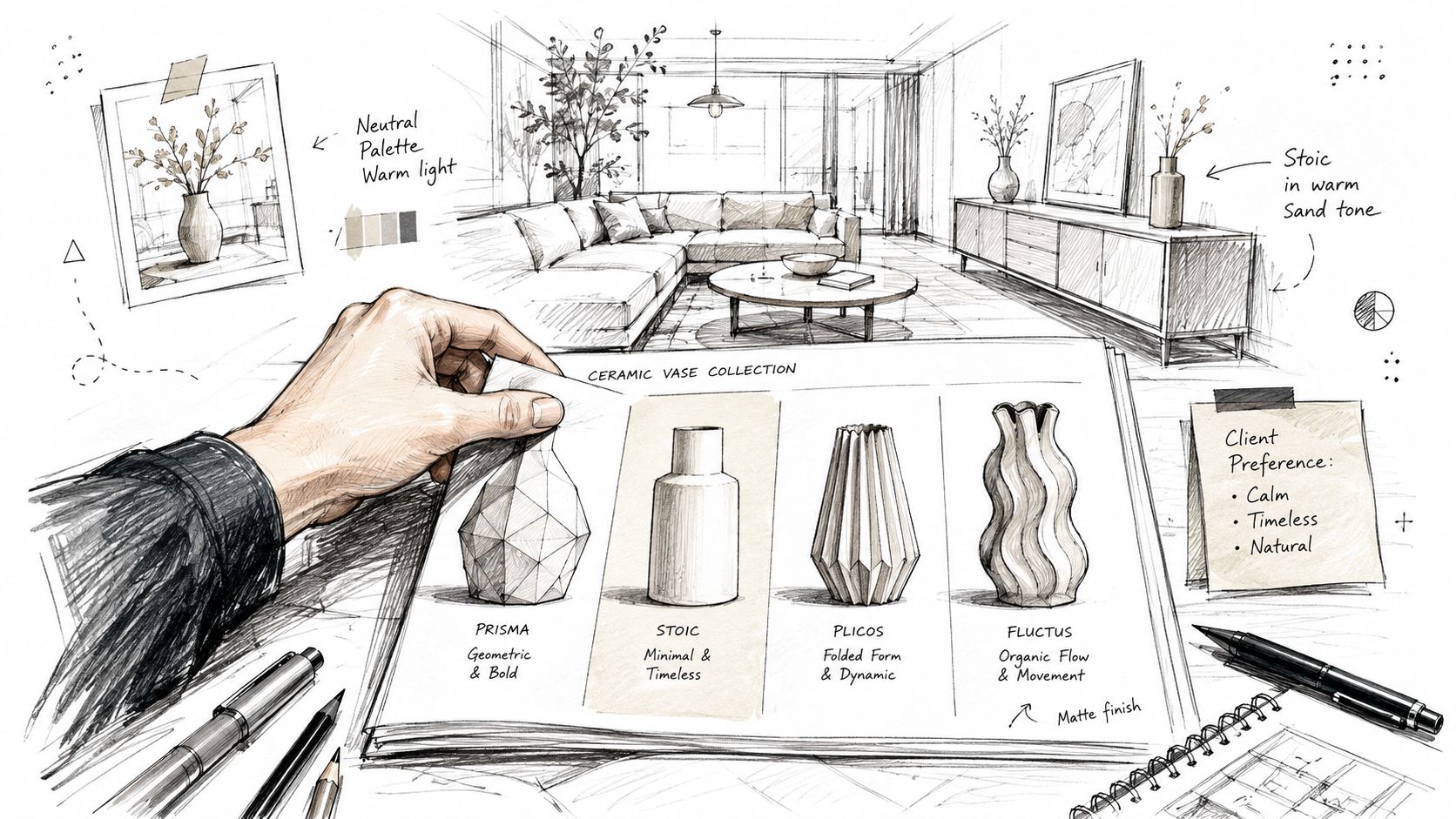 Un designer che mostra schizzi di vasi in ceramica per un progetto di arredamento d'interni contemporaneo.