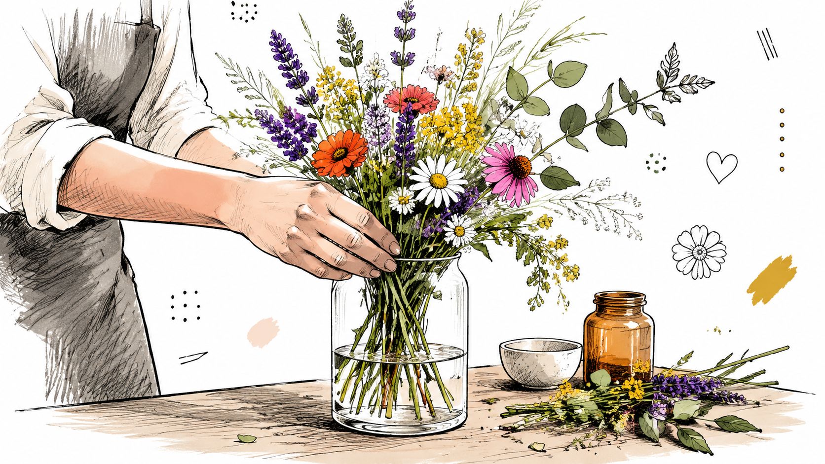 Una persona sta sistemando un colorato bouquet di fiori selvatici all'interno di un vaso di vetro trasparente.