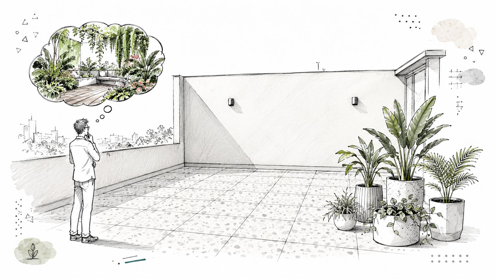 Un architetto immagina un design rigoglioso per un terrazzo moderno e minimalista con grandi vasi di piante.