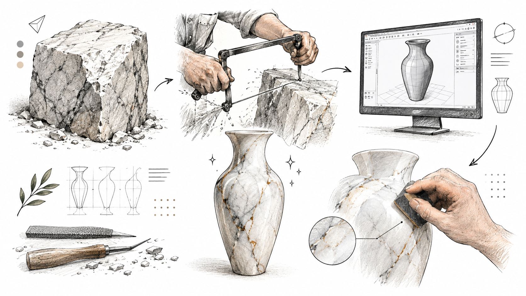Illustrazione che mostra il processo di creazione artigianale di un vaso in marmo, dal blocco grezzo al design digitale.
