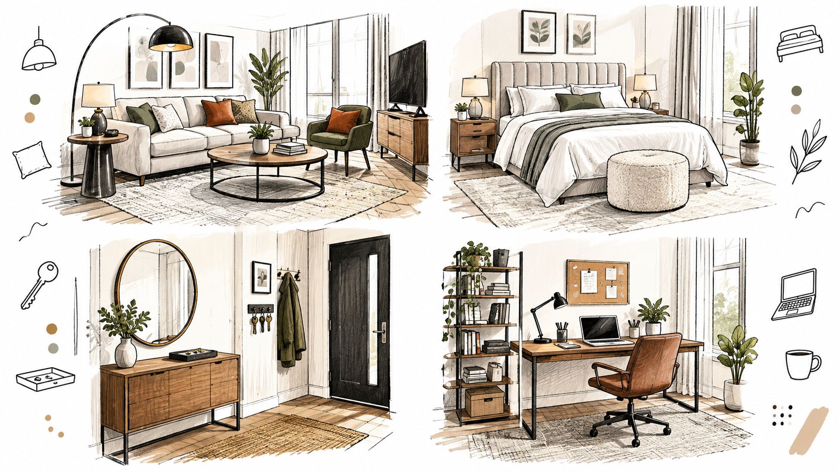 Disegno artistico di quattro ambienti interni moderni: soggiorno, camera da letto, ingresso e studio con mobili eleganti.