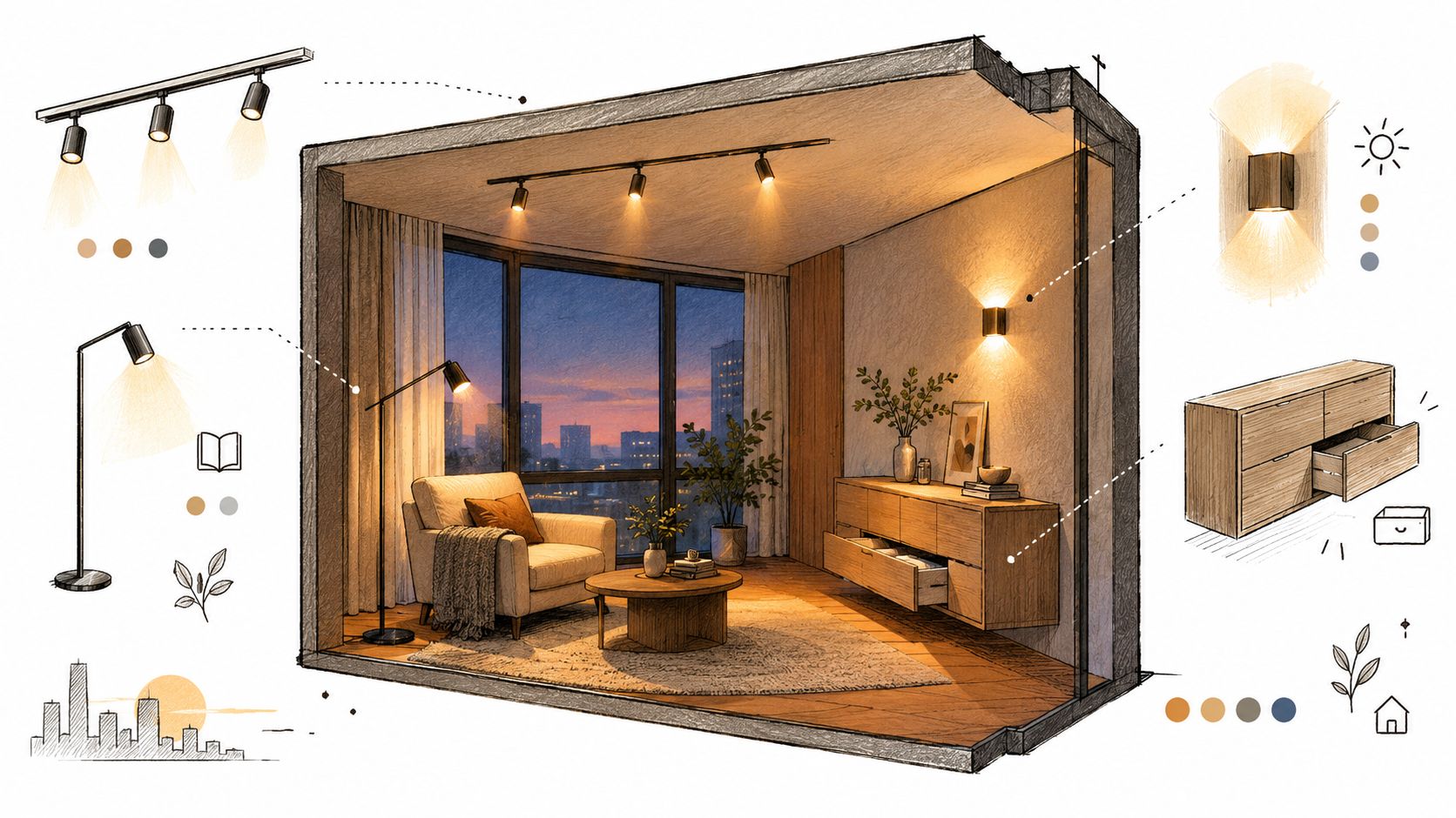 Interno di un moderno soggiorno minimalista con illuminazione calda, vista sulla città al tramonto e arredamento elegante.