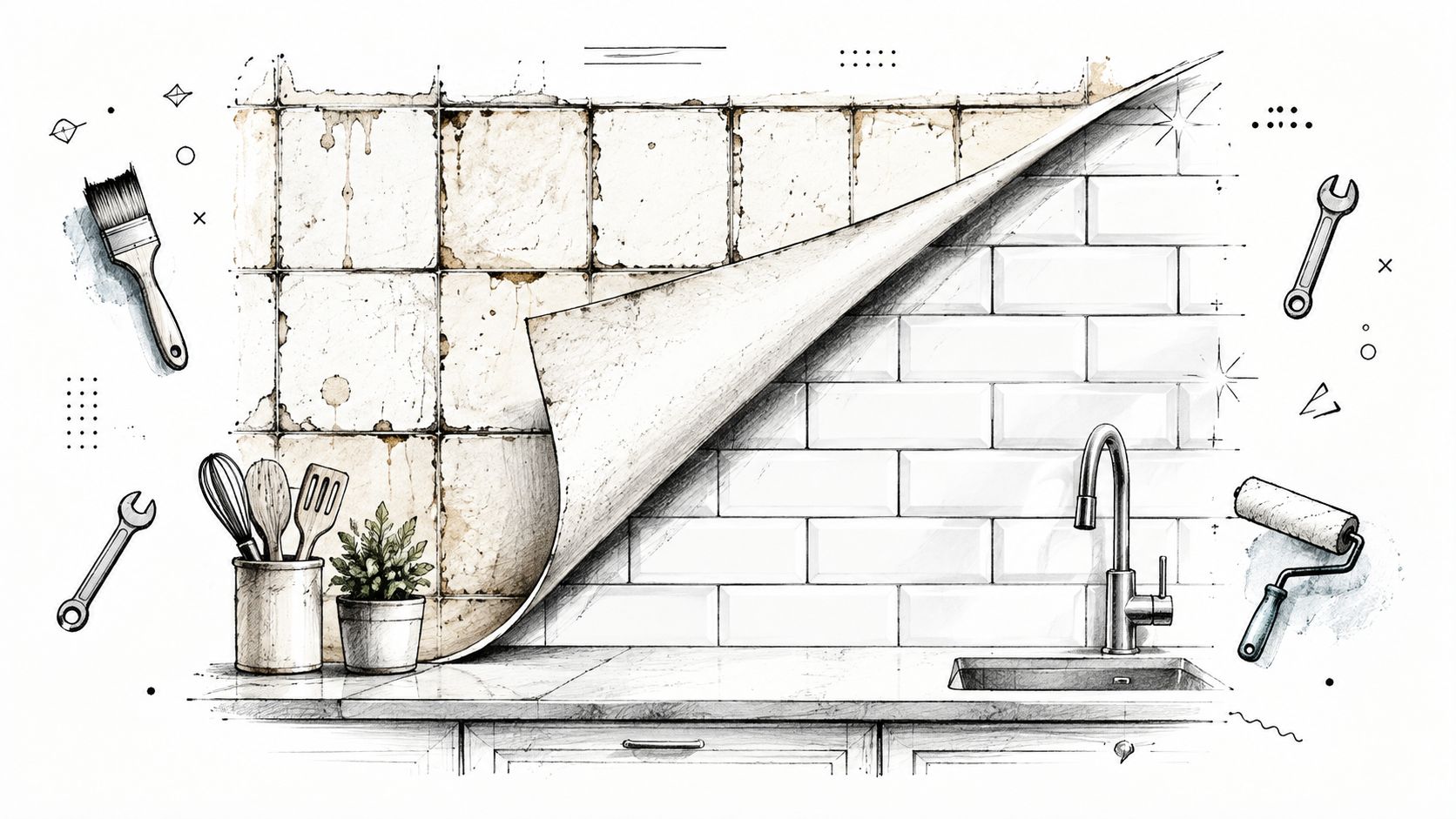 Illustrazione artistica che mostra la trasformazione di un vecchio rivestimento cucina con piastrelle nuove e moderne.