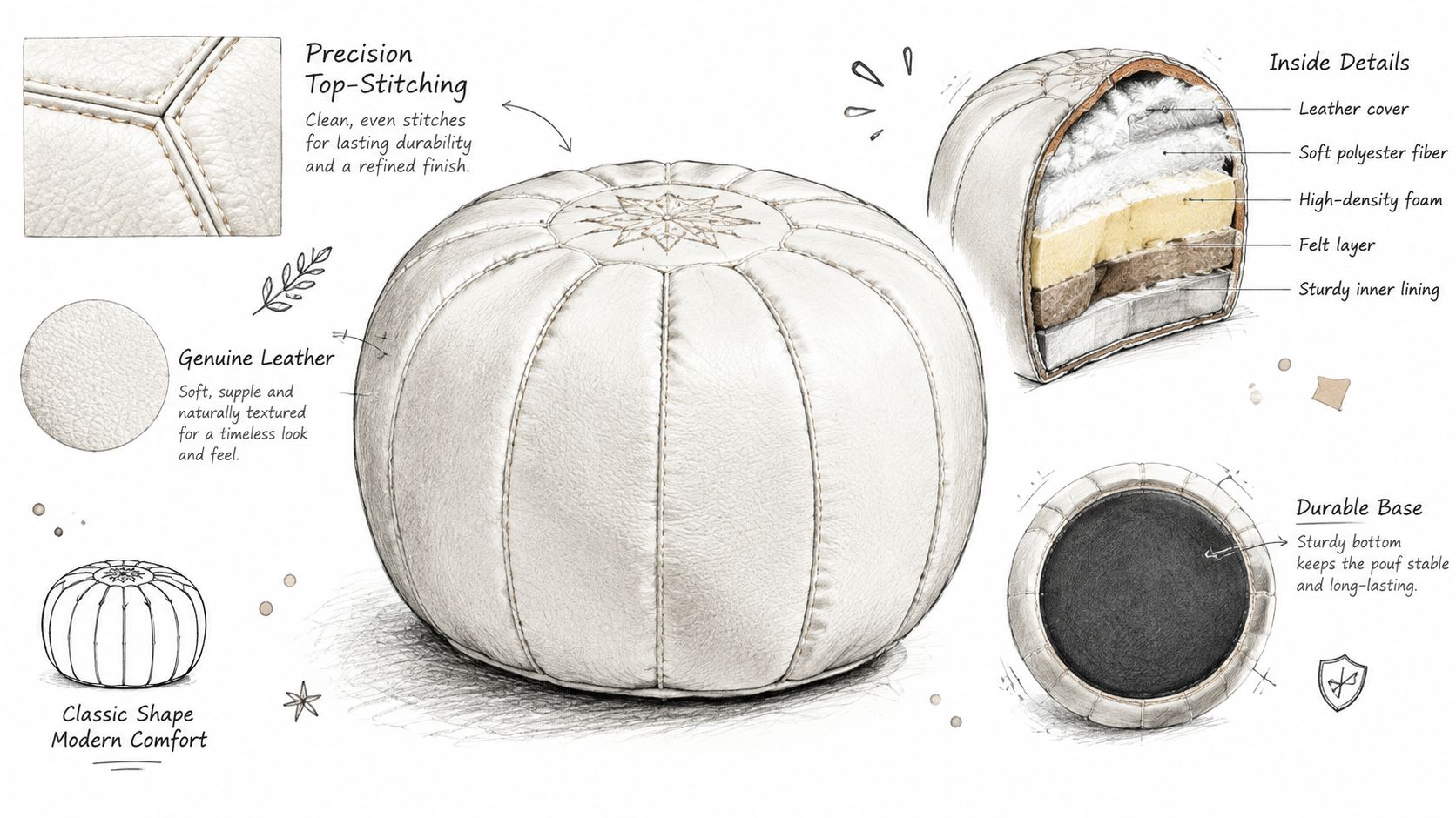 Un pouf in pelle bianca rotondo con dettagli tecnici che mostrano cuciture, materiali interni e base resistente.