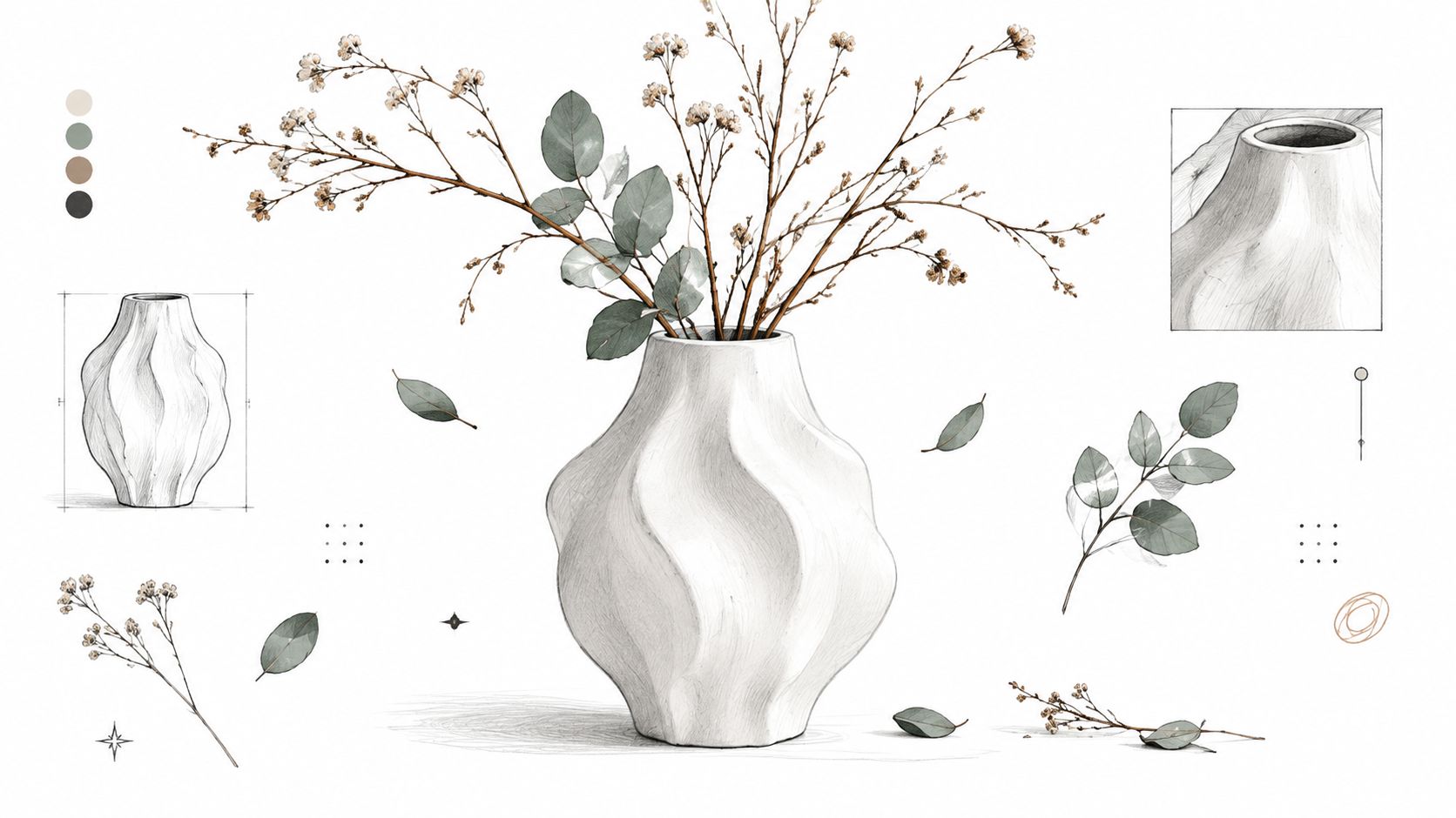 Un elegante schizzo artistico di un grande vaso bianco dal design moderno circondato da rami e foglie.