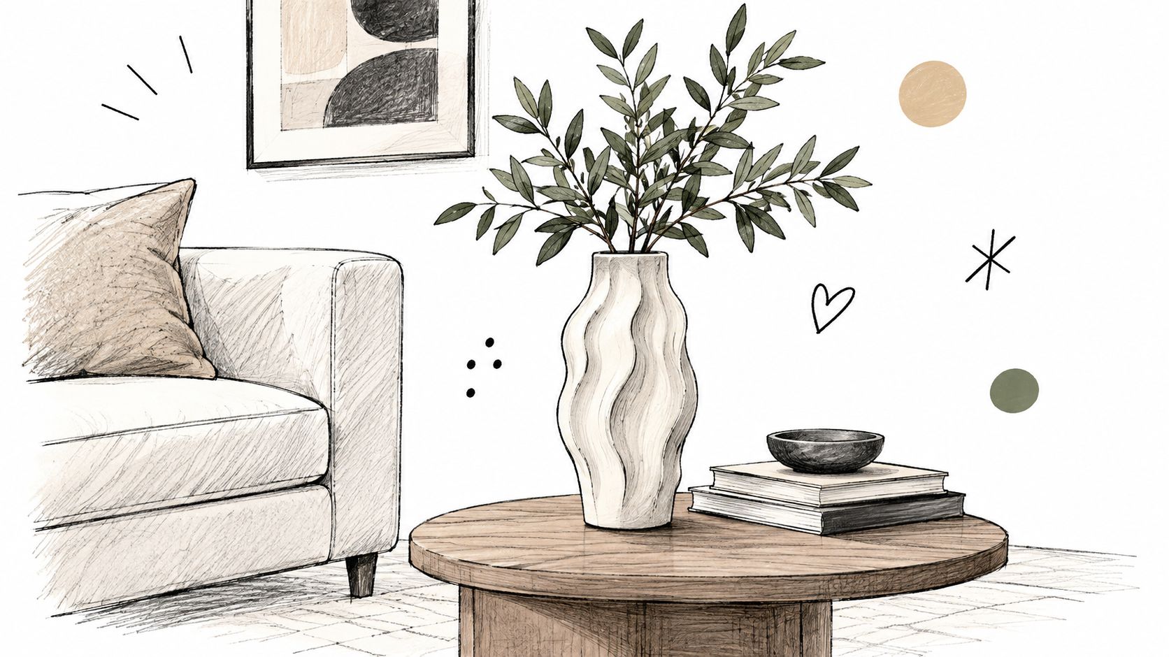 Disegno artistico di un soggiorno moderno con un vaso di design in resina su un tavolino circolare.