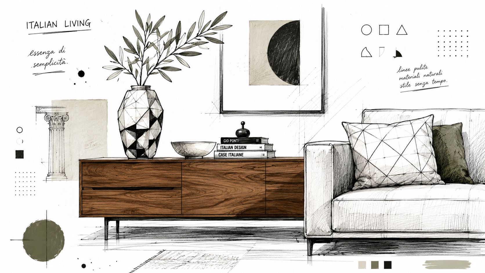 Un elegante schizzo architettonico che raffigura un soggiorno italiano contemporaneo con mobili in legno, cuscini geometrici e decorazioni.