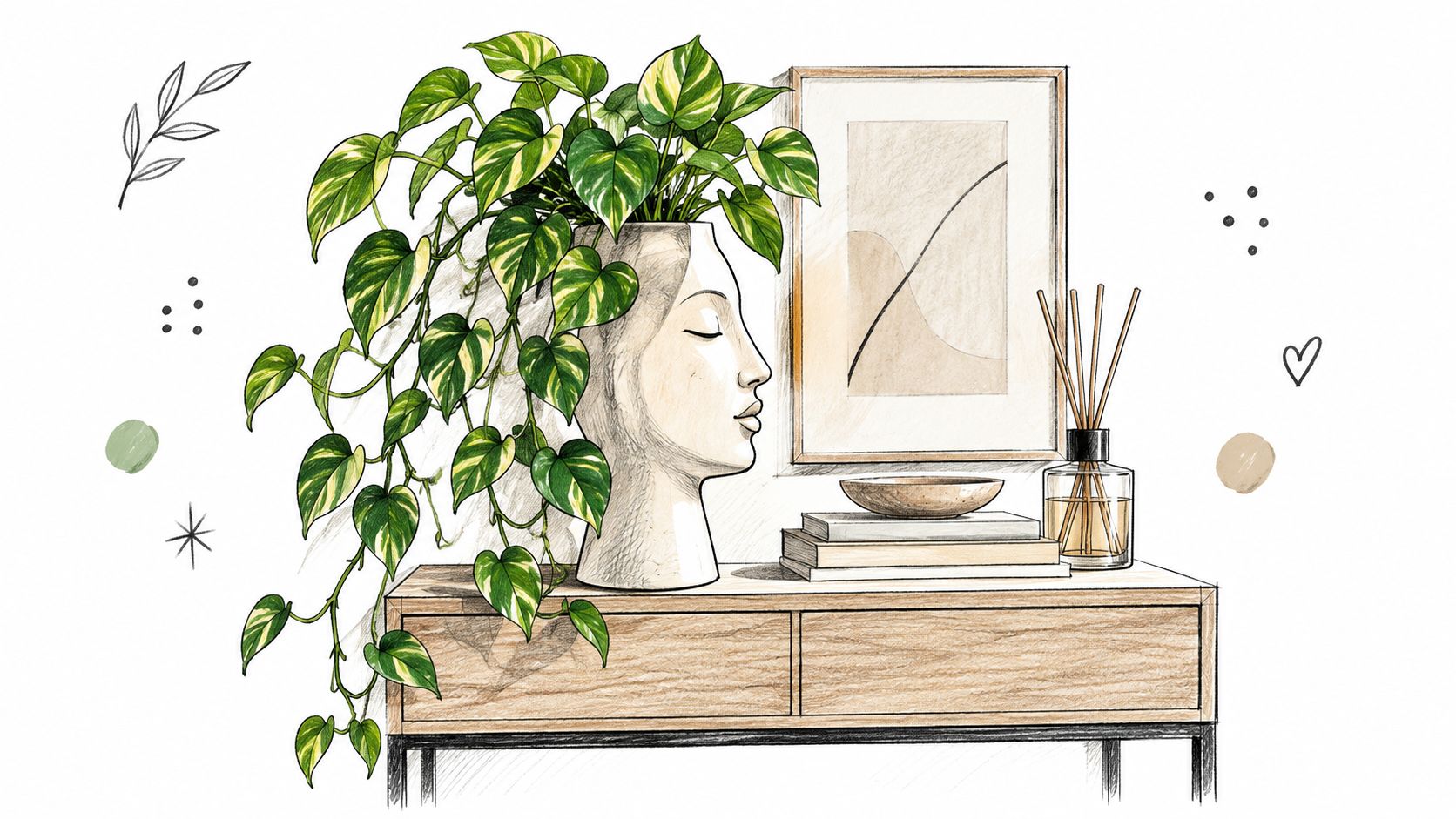 Illustrazione artistica di un vaso a forma di testa umana con una pianta verde rigogliosa sopra un mobile.