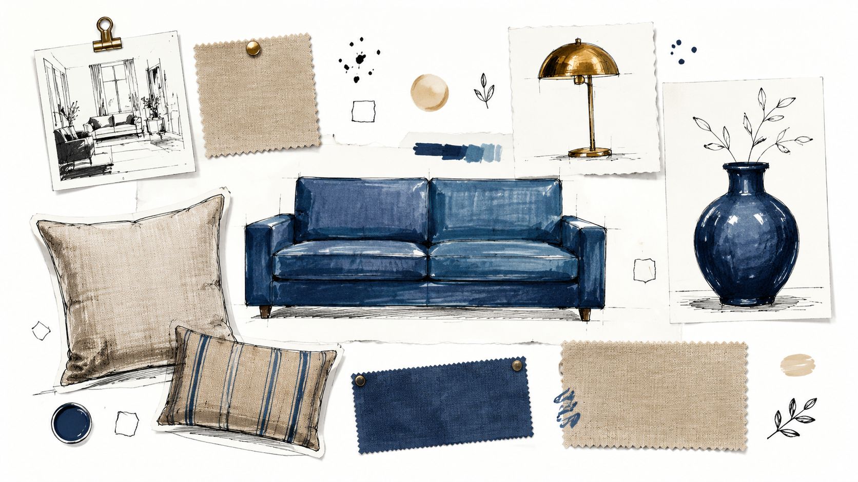Moodboard di interior design con divano blu, campioni di tessuto, schizzi di arredamento e una lampada dorata.