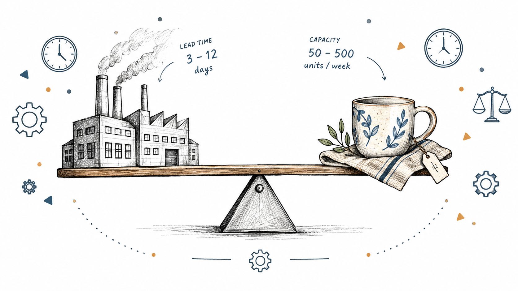 Illustrazione concettuale che mette a confronto la produzione industriale e la realizzazione artigianale su una bilancia.