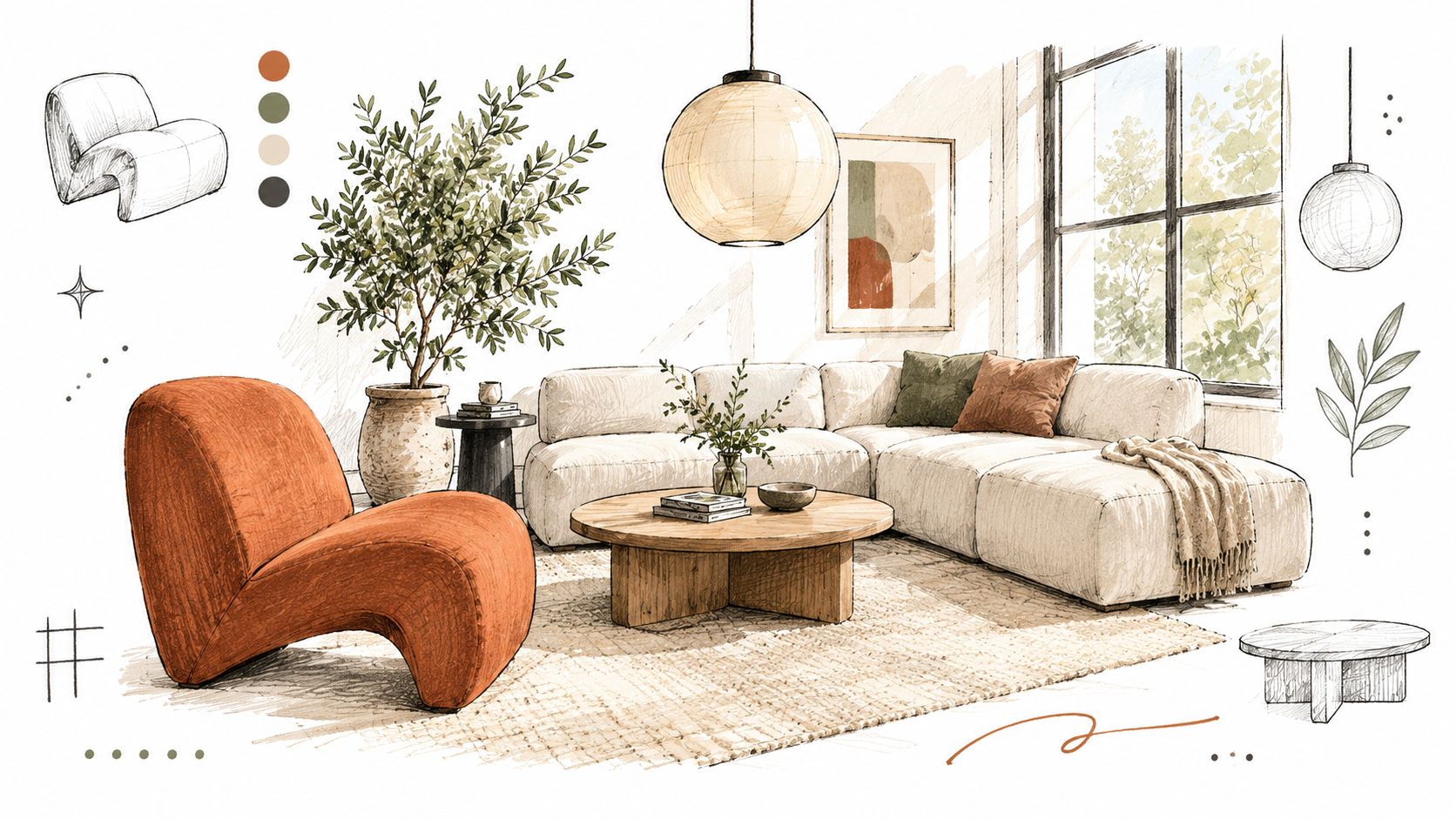 Schizzo artistico di un soggiorno moderno con divano modulare, poltrona arancione di design, tavolo rotondo e piante.
