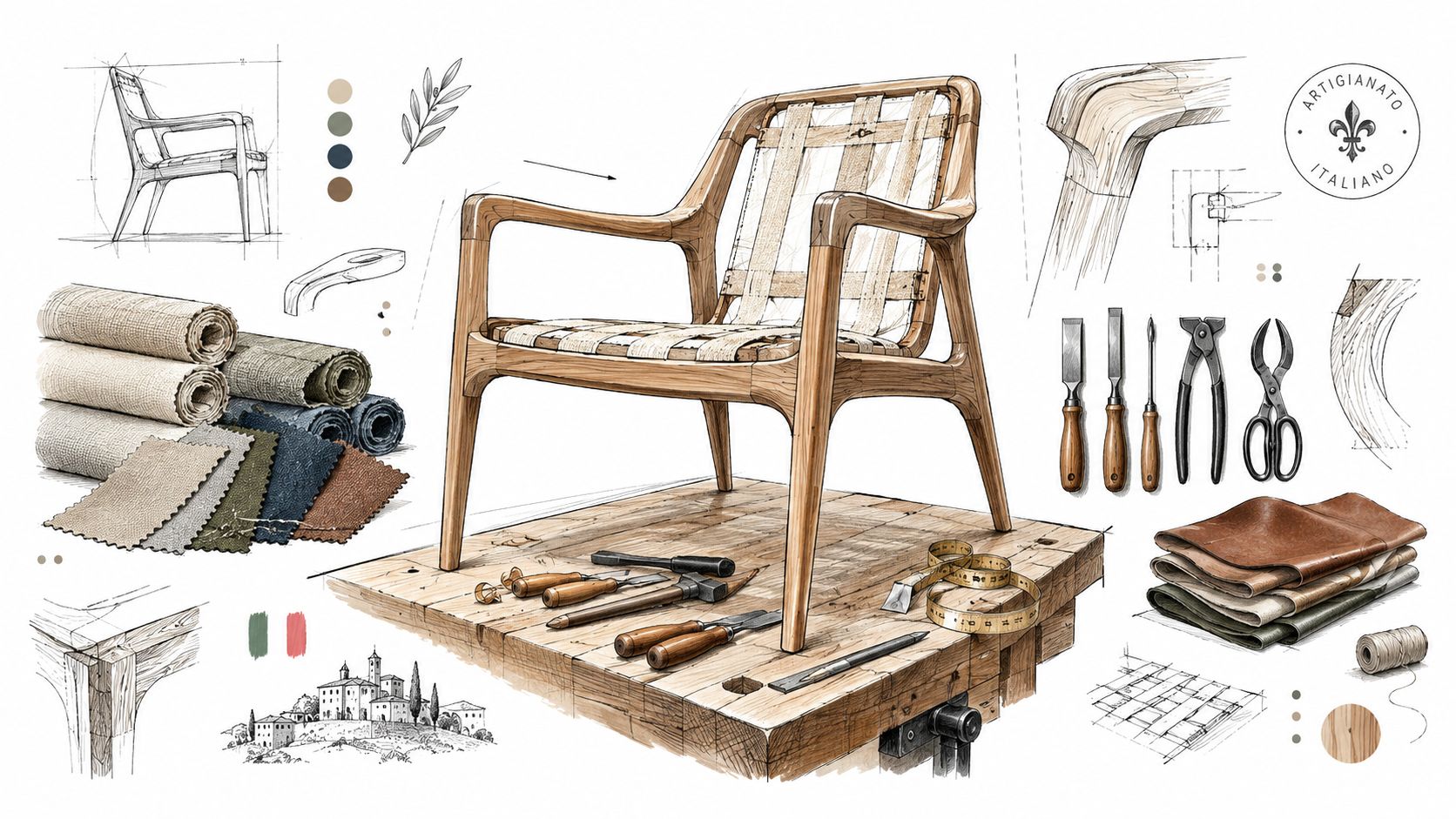 Illustrazione di design di mobili in legno che mostra il processo artigianale con strumenti e materiali tessili.