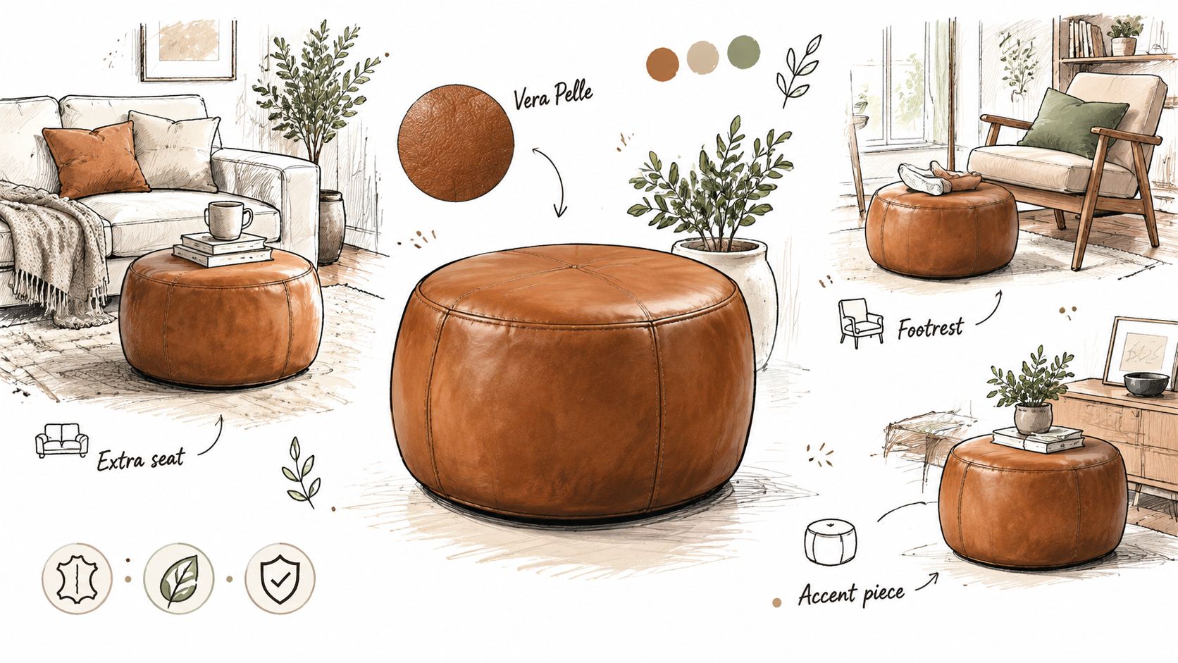 Elegante pouf rotondo in vera pelle marrone presentato come complemento d'arredo versatile in diversi ambienti domestici moderni.