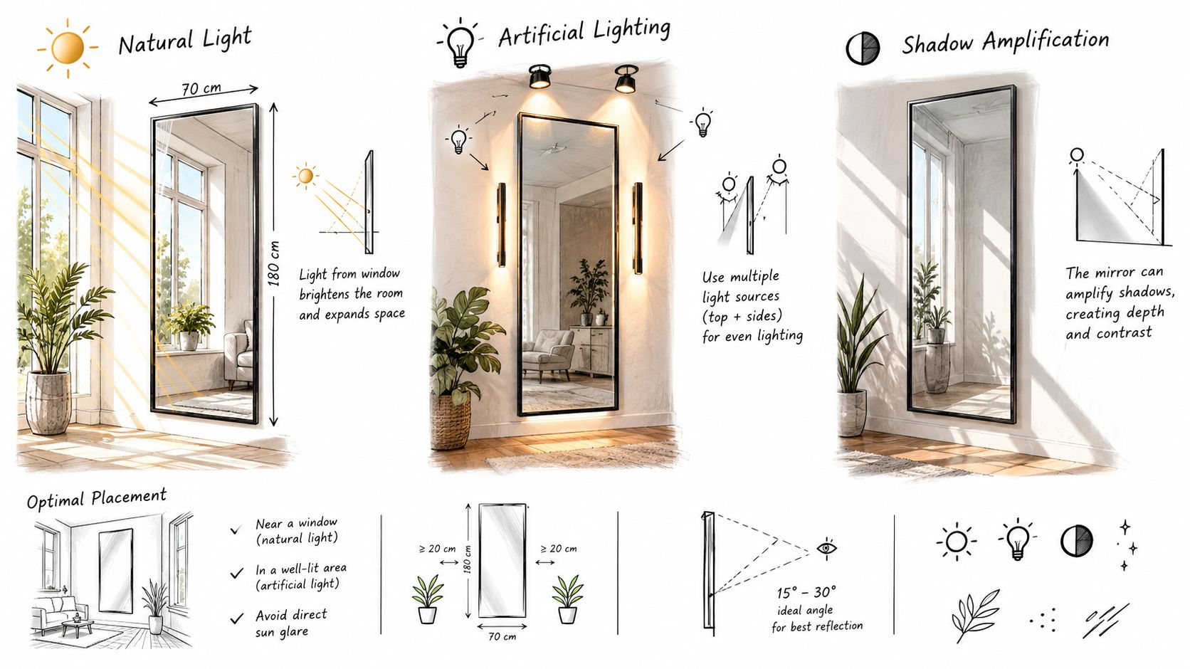 Illustrazione che mostra il posizionamento ideale e l'illuminazione ottimale per uno specchio da parete 180x70.