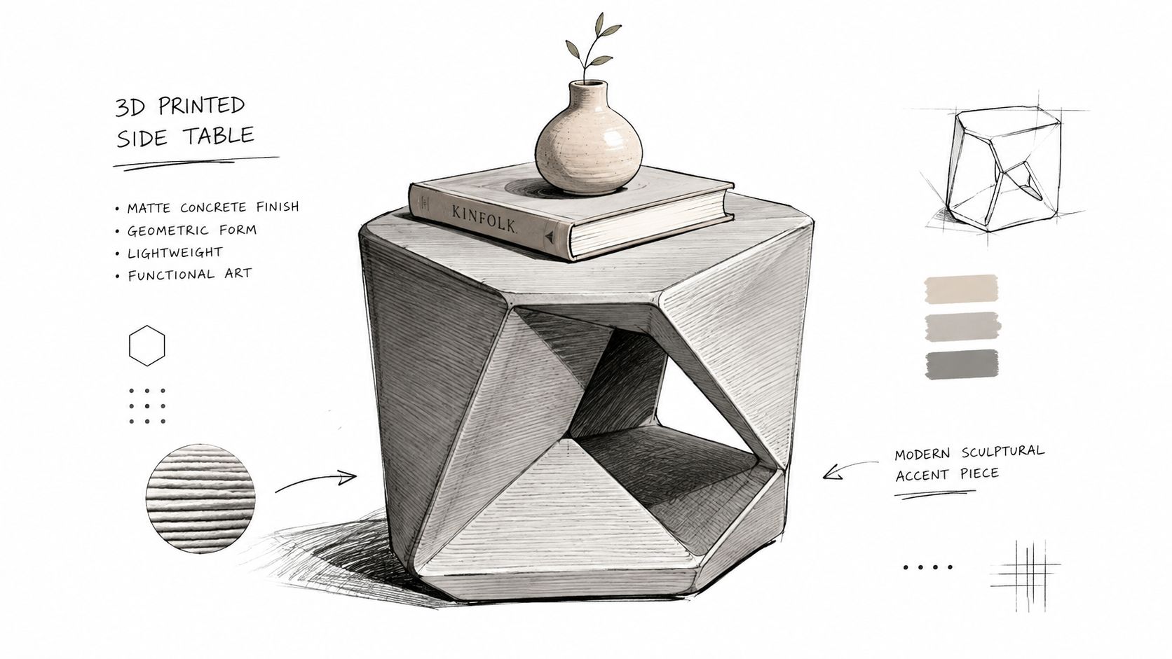 Un tavolino geometrico moderno stampato in 3D con finitura in cemento opaco e un vaso sopra.