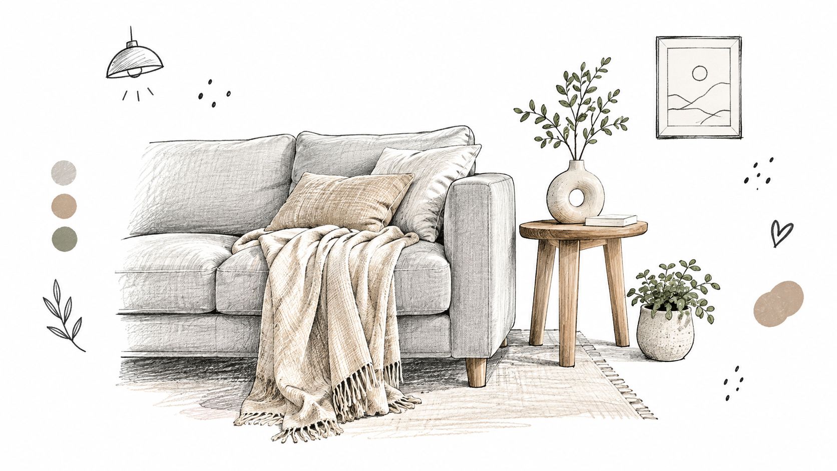Un accogliente divano grigio chiaro con cuscini e coperta beige in un salotto arredato con stile minimalista.