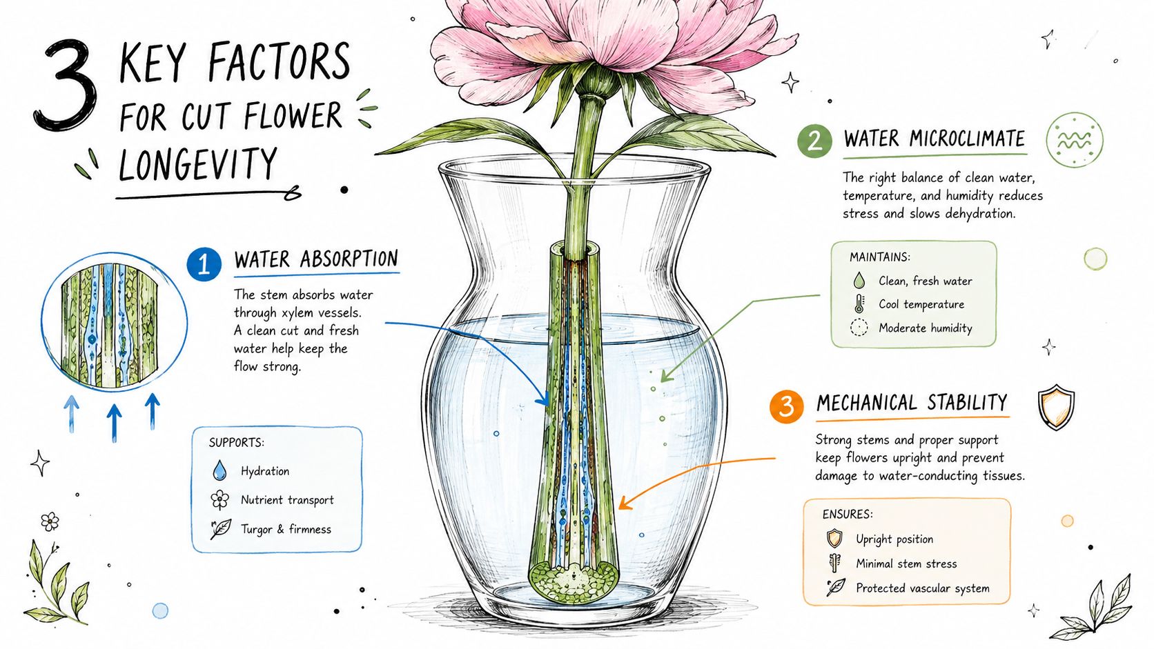 Illustrazione didattica che mostra tre fattori chiave per prolungare la durata dei fiori recisi in un vaso.