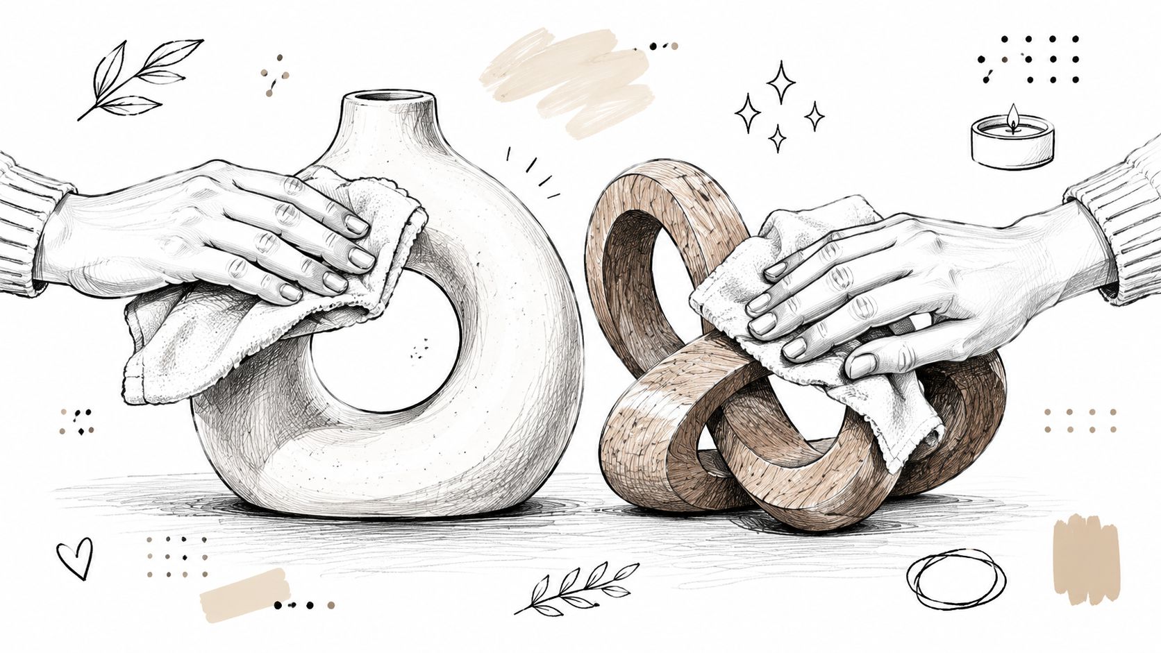Illustrazione artistica che mostra mani che puliscono delicatamente un vaso moderno e una scultura decorativa in legno.