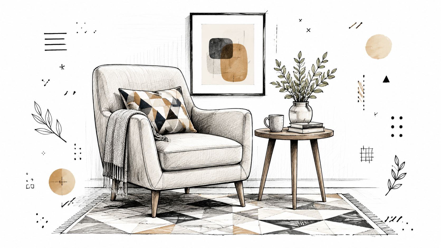 Un accogliente angolo relax con una poltrona moderna, tavolino, decorazioni geometriche disegnate a mano e stile minimalista.