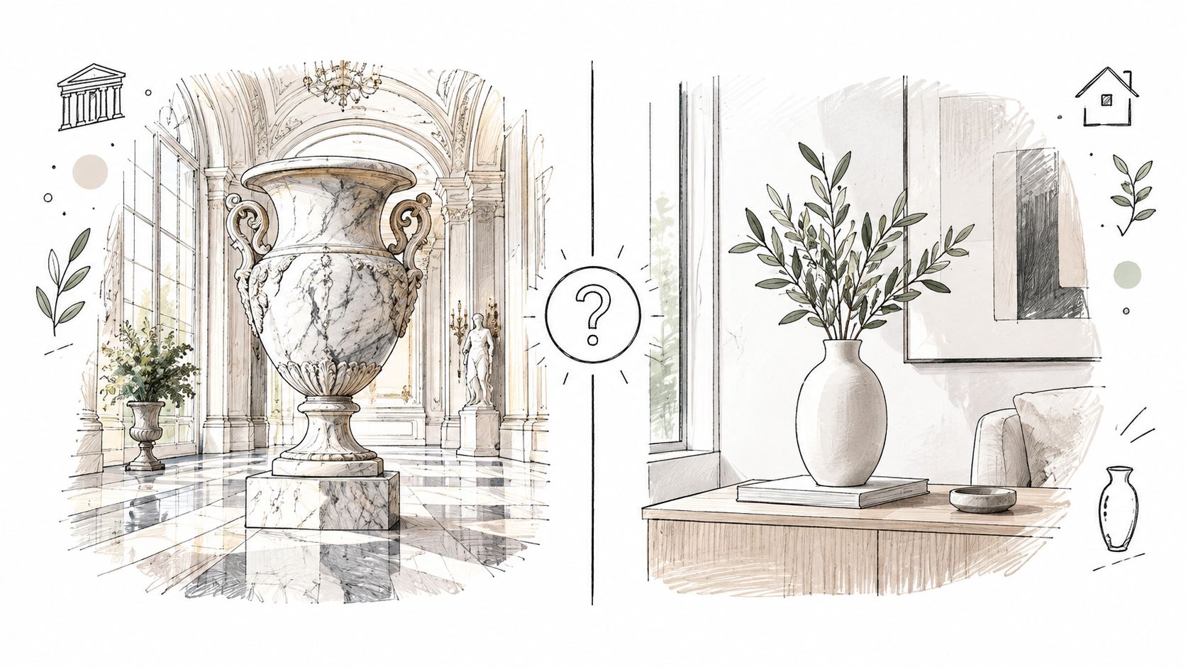 Confronto illustrato tra un maestoso vaso in marmo classico e un vaso moderno con rami in una casa.