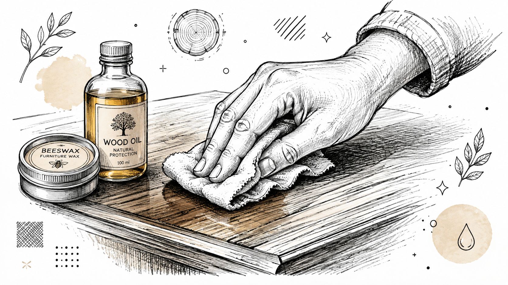 Illustrazione artistica che mostra una mano mentre lucida una superficie in legno con un panno e prodotti naturali.