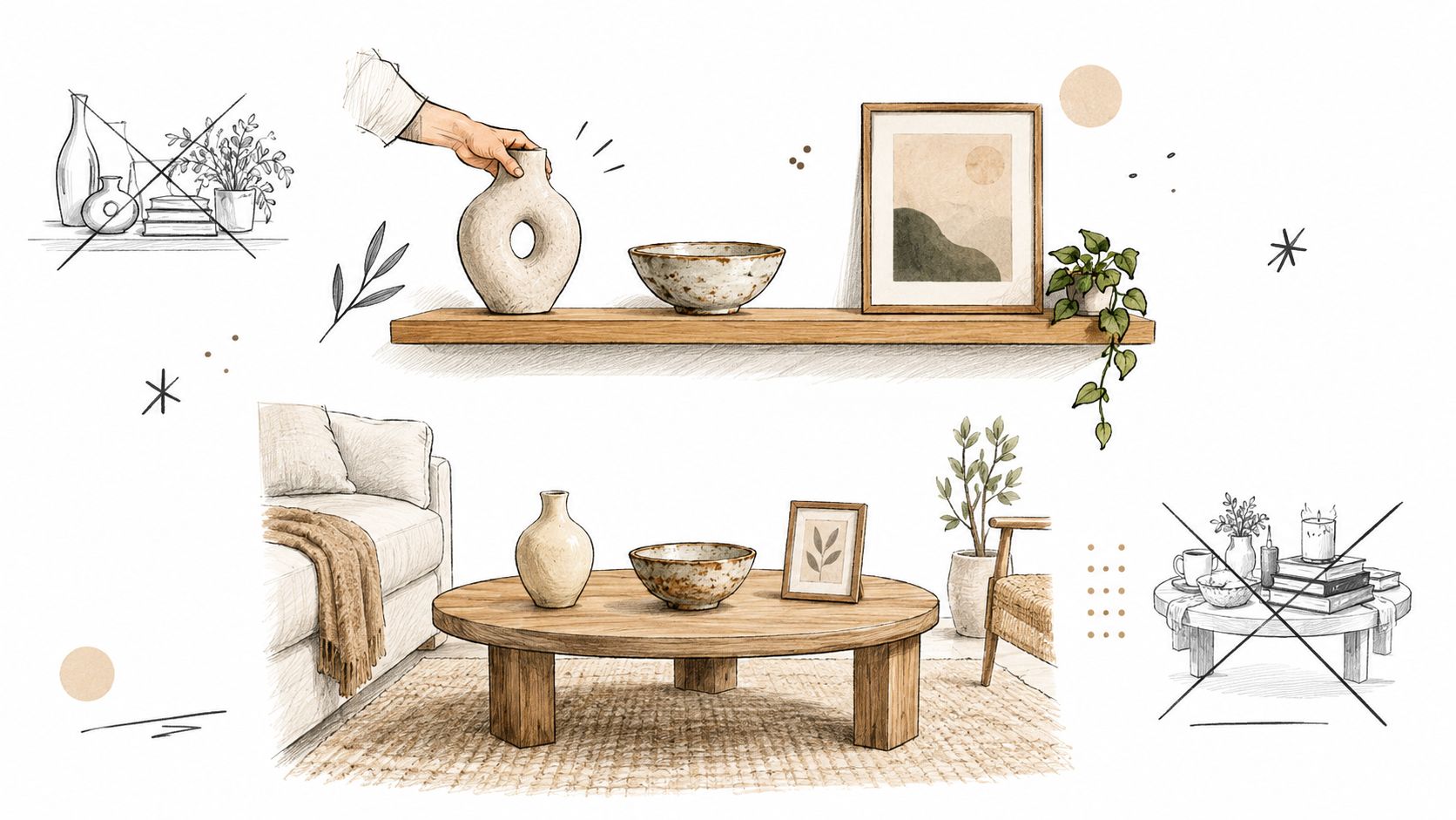 Illustrazione stilizzata che mostra esempi di decorazione d'interni minimalista per mensole e tavolini da salotto.