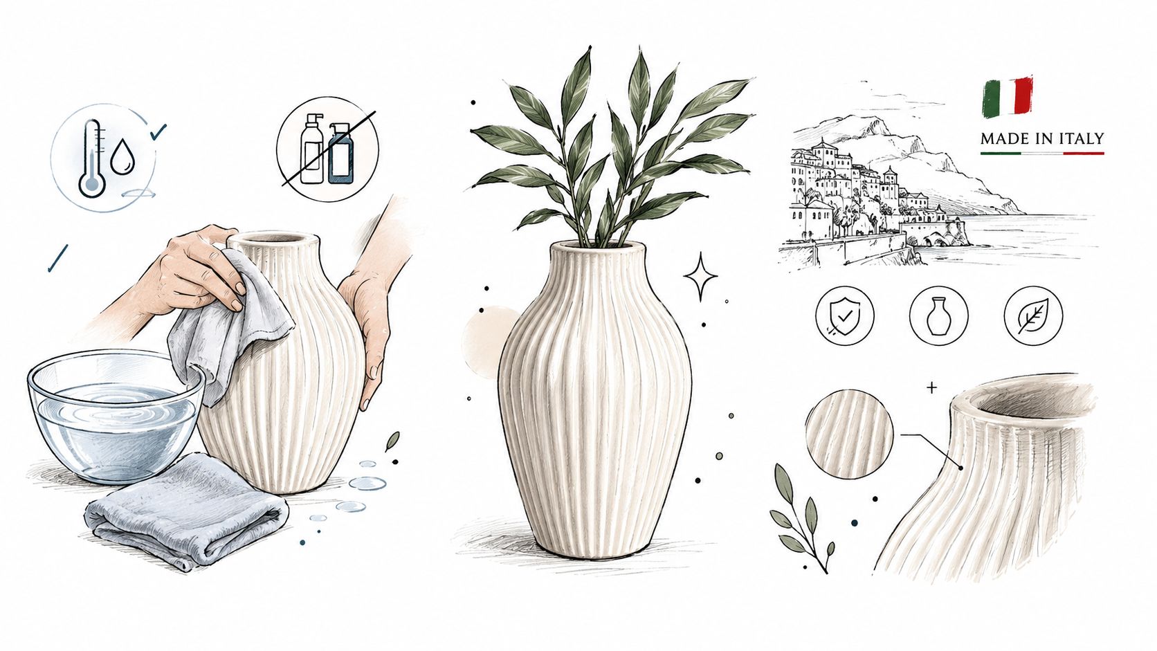 Illustrazione artistica che mostra istruzioni per la pulizia e la cura di un vaso in ceramica elegante.