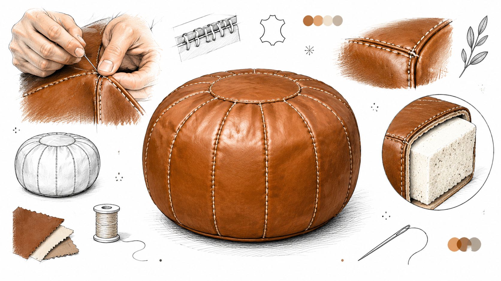 Illustrazione dettagliata che mostra le fasi di lavorazione artigianale di un pouf rotondo in vera pelle marrone.