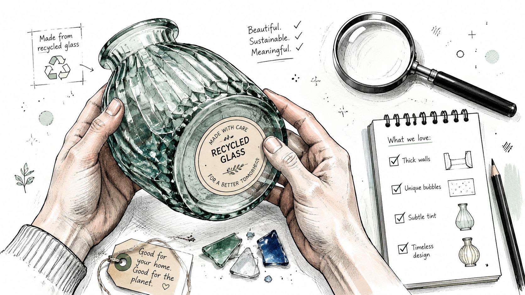 Illustrazione a mano di mani che tengono un vaso in vetro riciclato con appunti e lente d'ingrandimento.