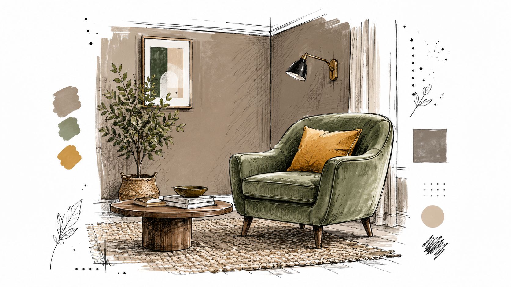 Interno living moderno con poltrona verde, accenti giallo senape e pareti color tortora, stile design minimalista.