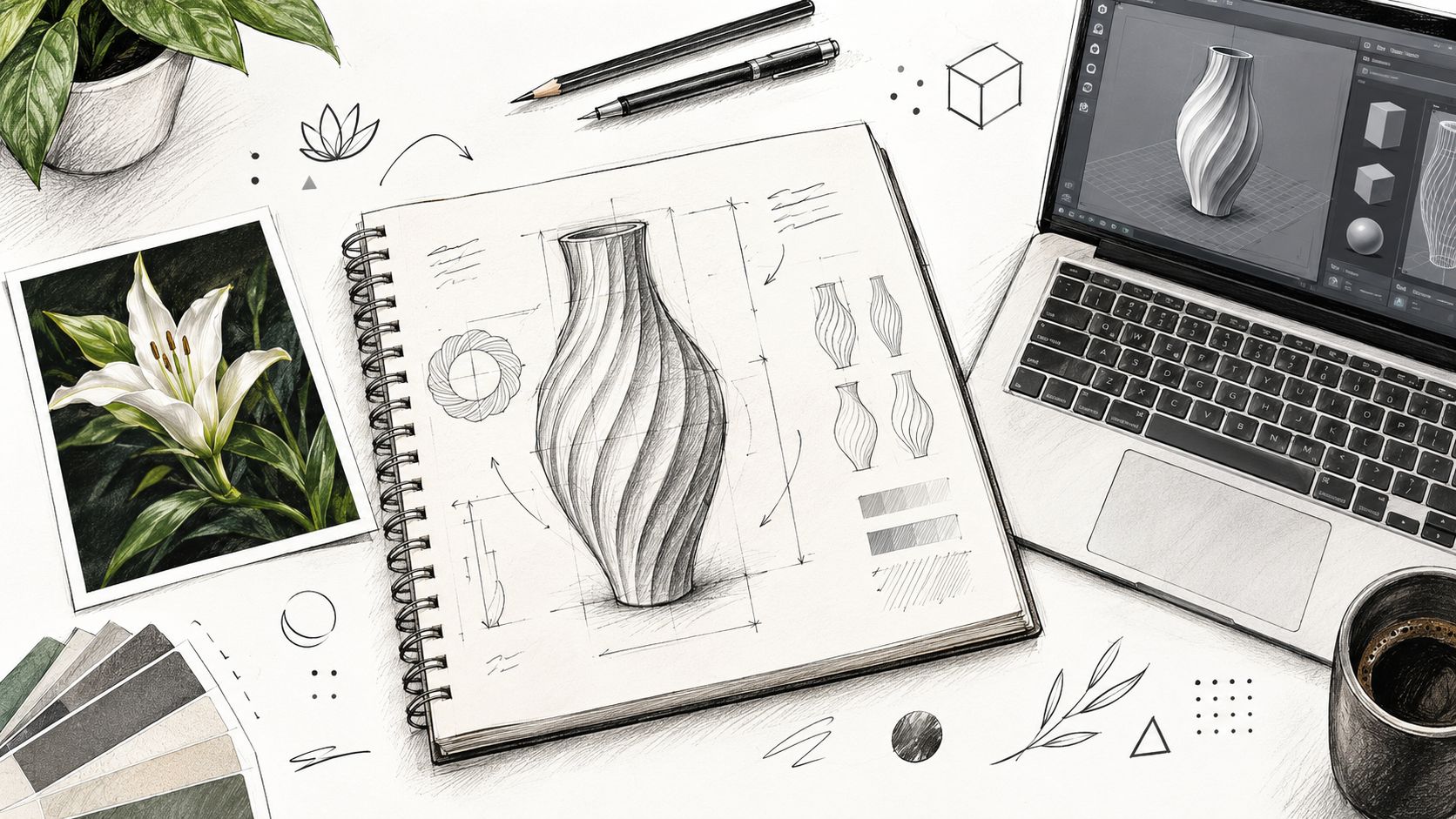 Fase iniziale del design di un vaso 3D, con schizzo, foto d'ispirazione e software di modellazione.
