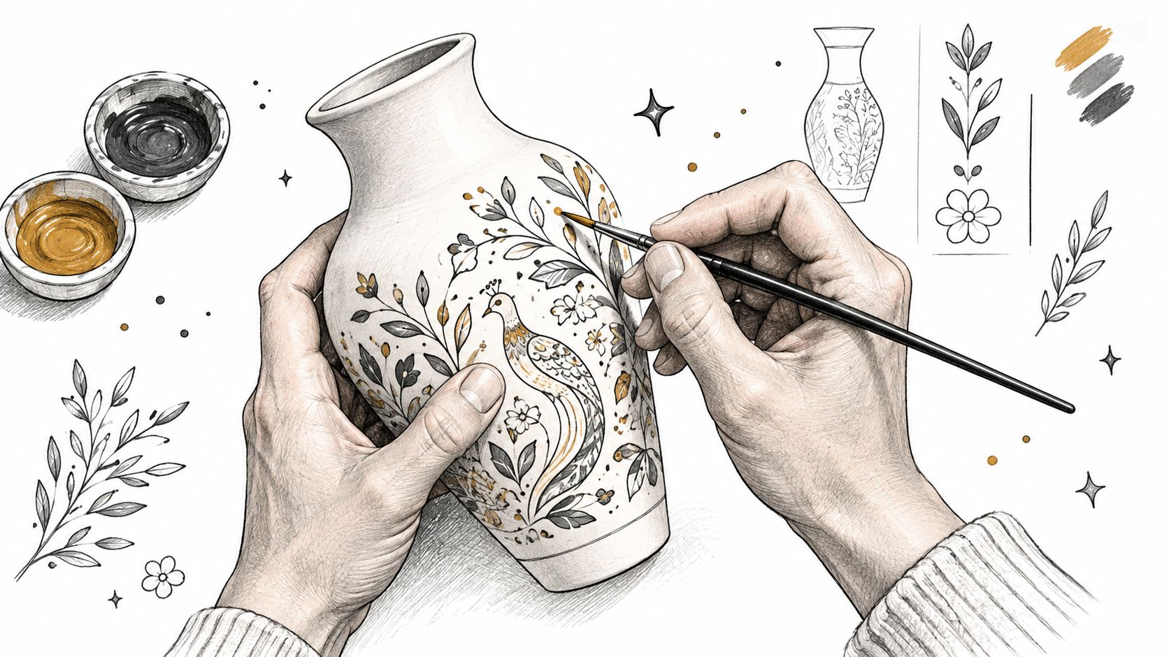 Una persona che dipinge con cura un vaso bianco stampato in 3D con un pennellino, aggiungendo dettagli artistici.