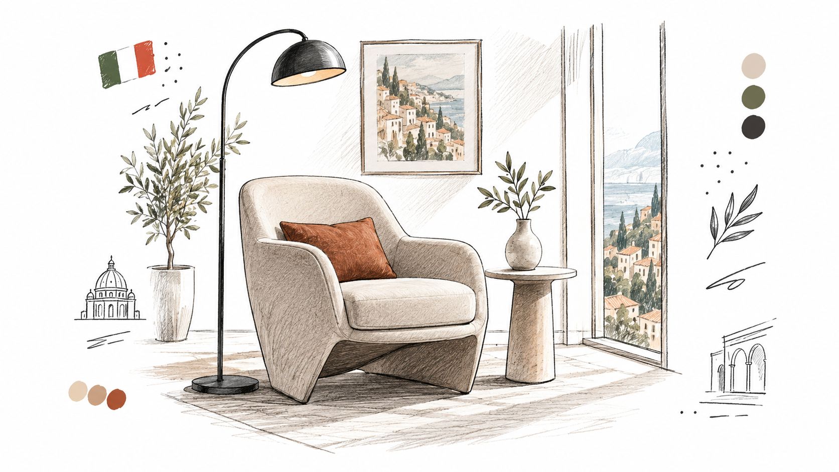 Un accogliente angolo relax con una poltrona moderna, una lampada a stelo e una vista panoramica su paesaggi italiani.