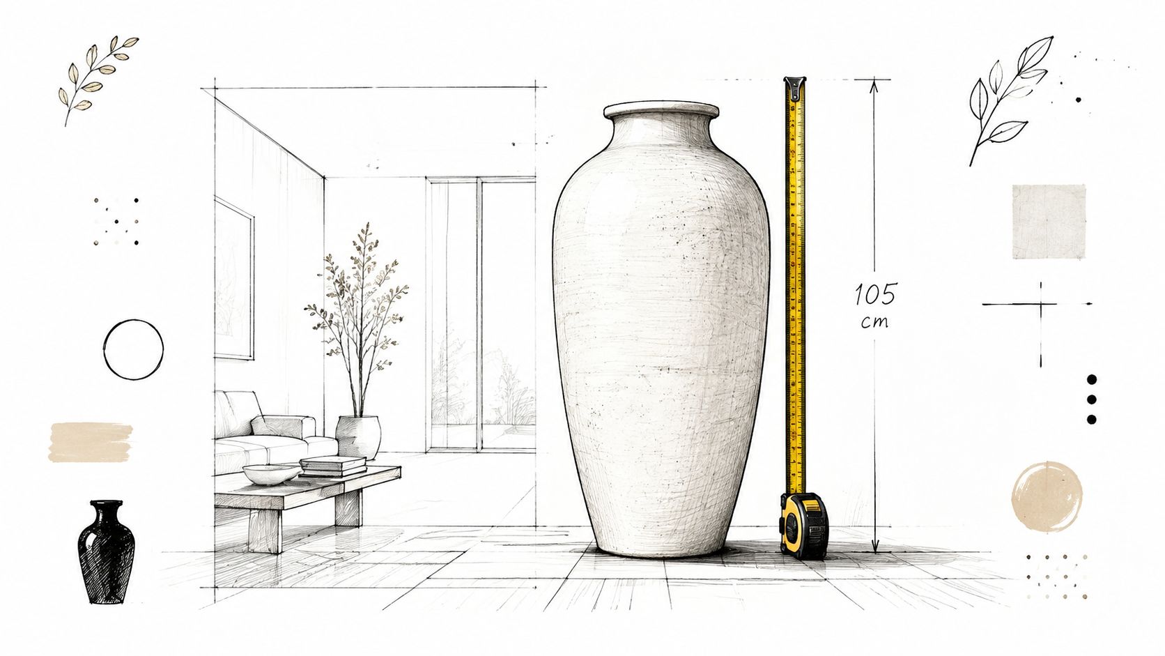 Un grande vaso bianco posizionato accanto a un metro a nastro che indica un'altezza di 105 centimetri.