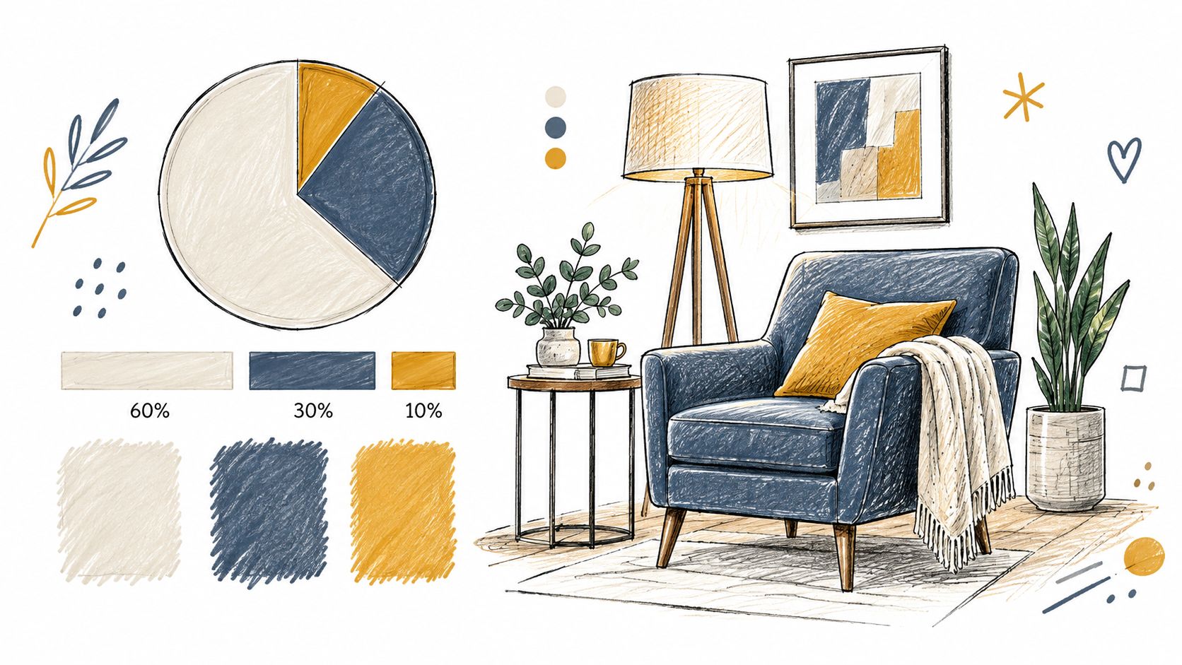Illustrazione artistica che mostra una tavolozza di colori per arredamento d'interni con poltrona blu, lampada e piante.