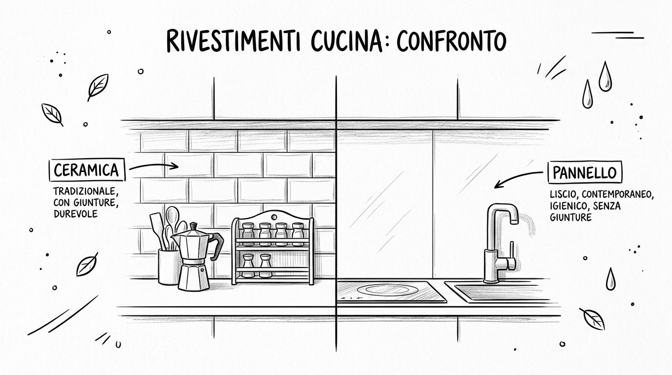 Illustrazione a confronto tra il classico rivestimento in ceramica per cucine e il moderno pannello liscio.