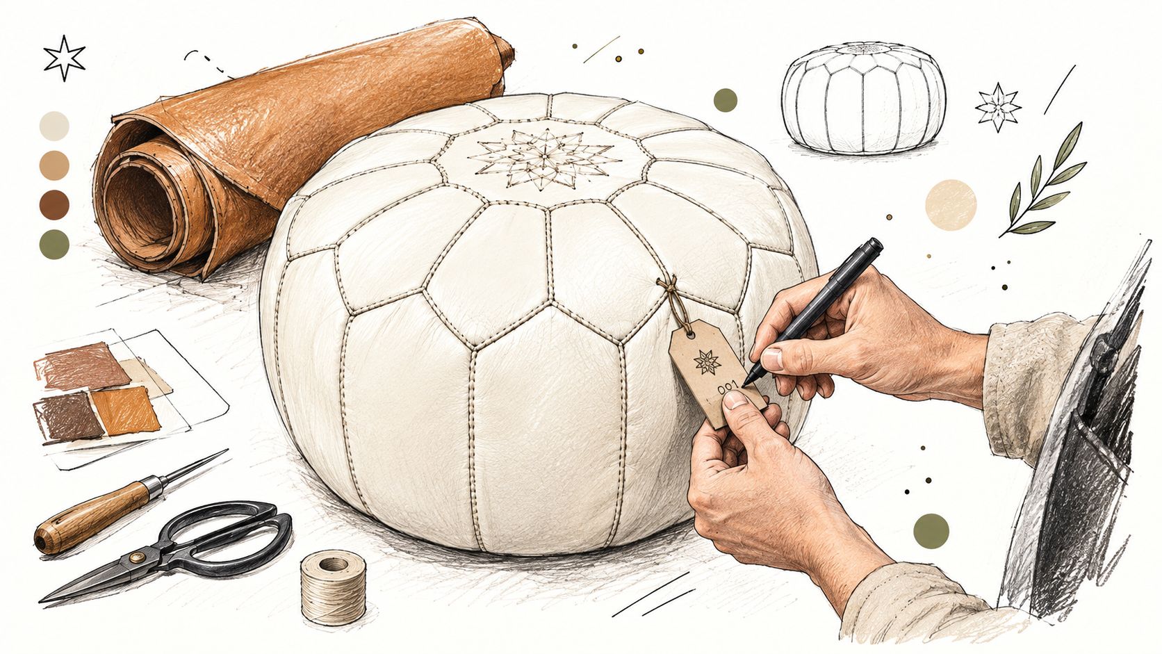 Artigiano che etichetta un pouf rotondo in pelle bianca artigianale, circondato da strumenti da lavoro e materiali.