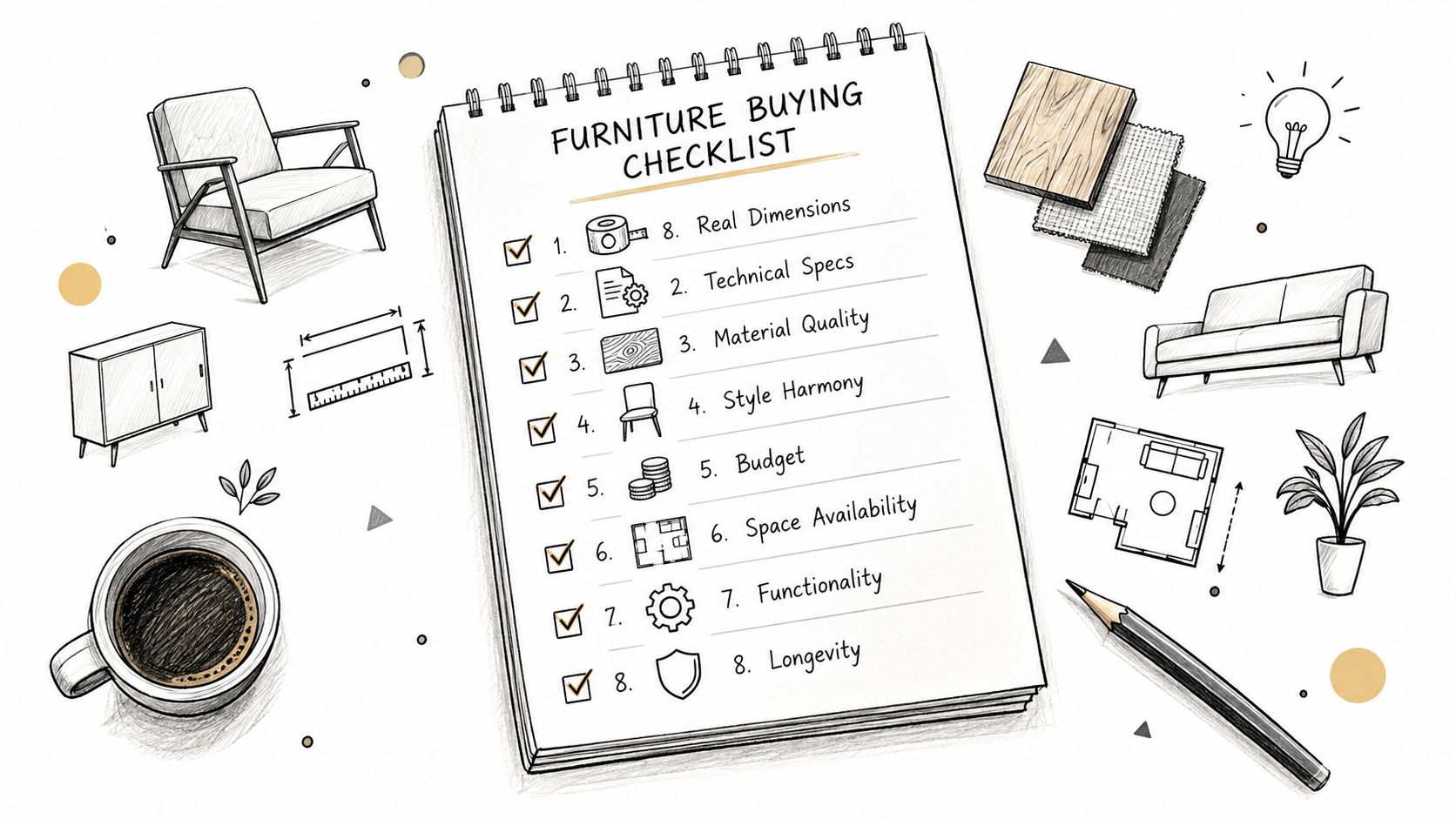 Blocco note con una lista di controllo per l'acquisto di mobili, accompagnato da disegni di design d'interni.