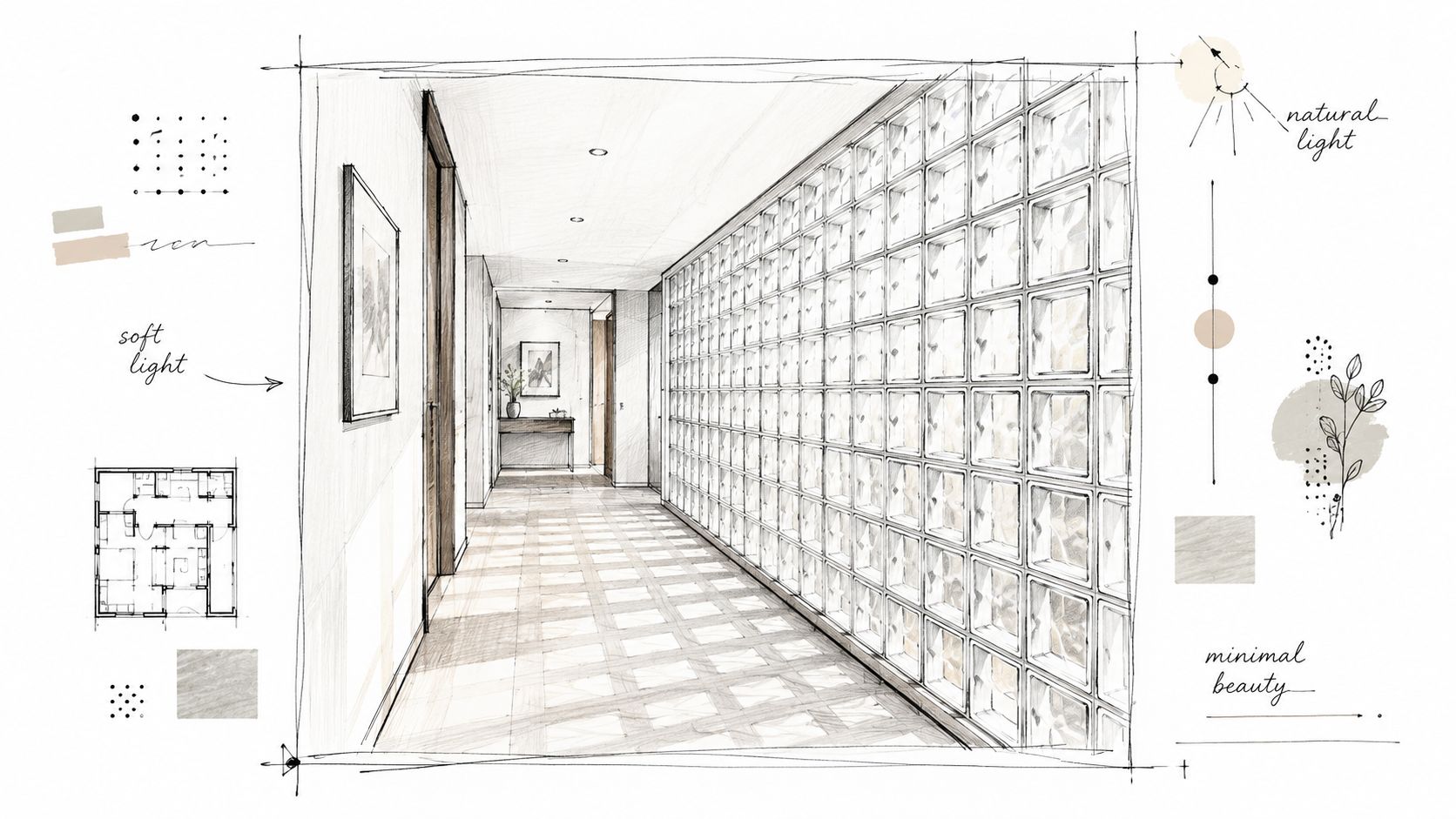 Schizzo architettonico di un corridoio moderno con una parete di vetrocemento che diffonde la luce, creando un'atmosfera luminosa.