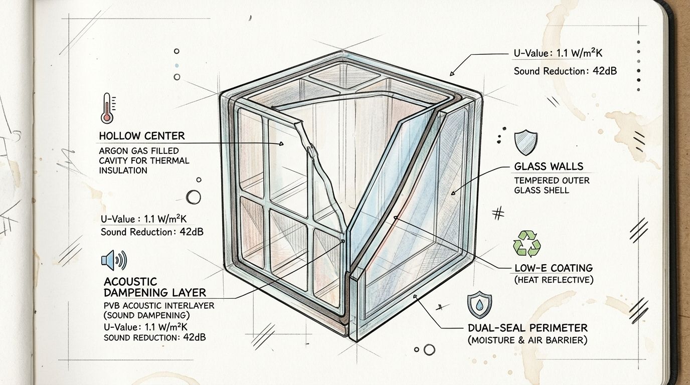Illustrazione tecnica in sezione di un moderno vetrocemento, evidenziando le sue proprietà di isolamento termico e acustico.