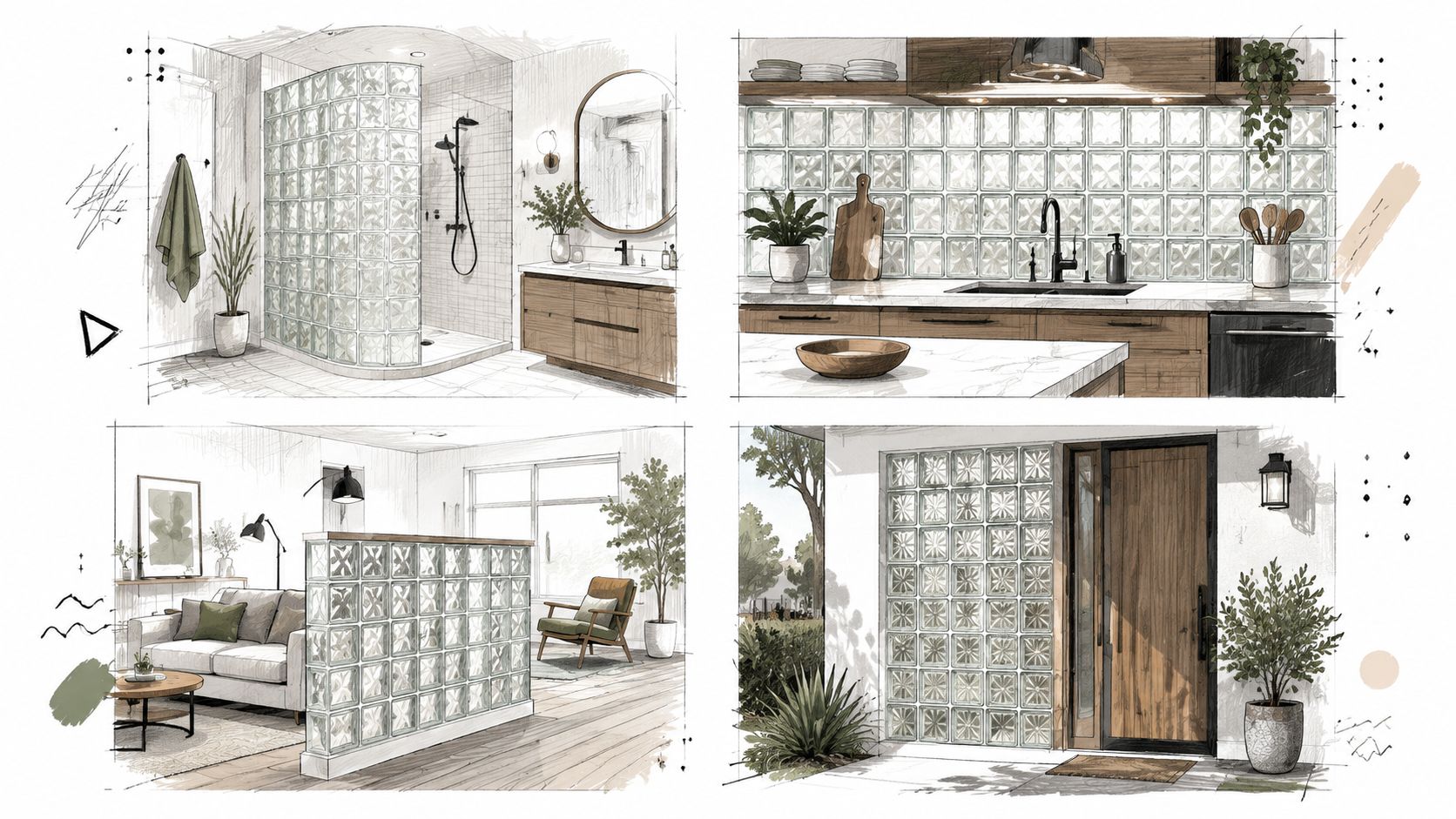 Quattro schizzi di design che mostrano applicazioni moderne del vetrocemento in casa, come pareti doccia e divisori.