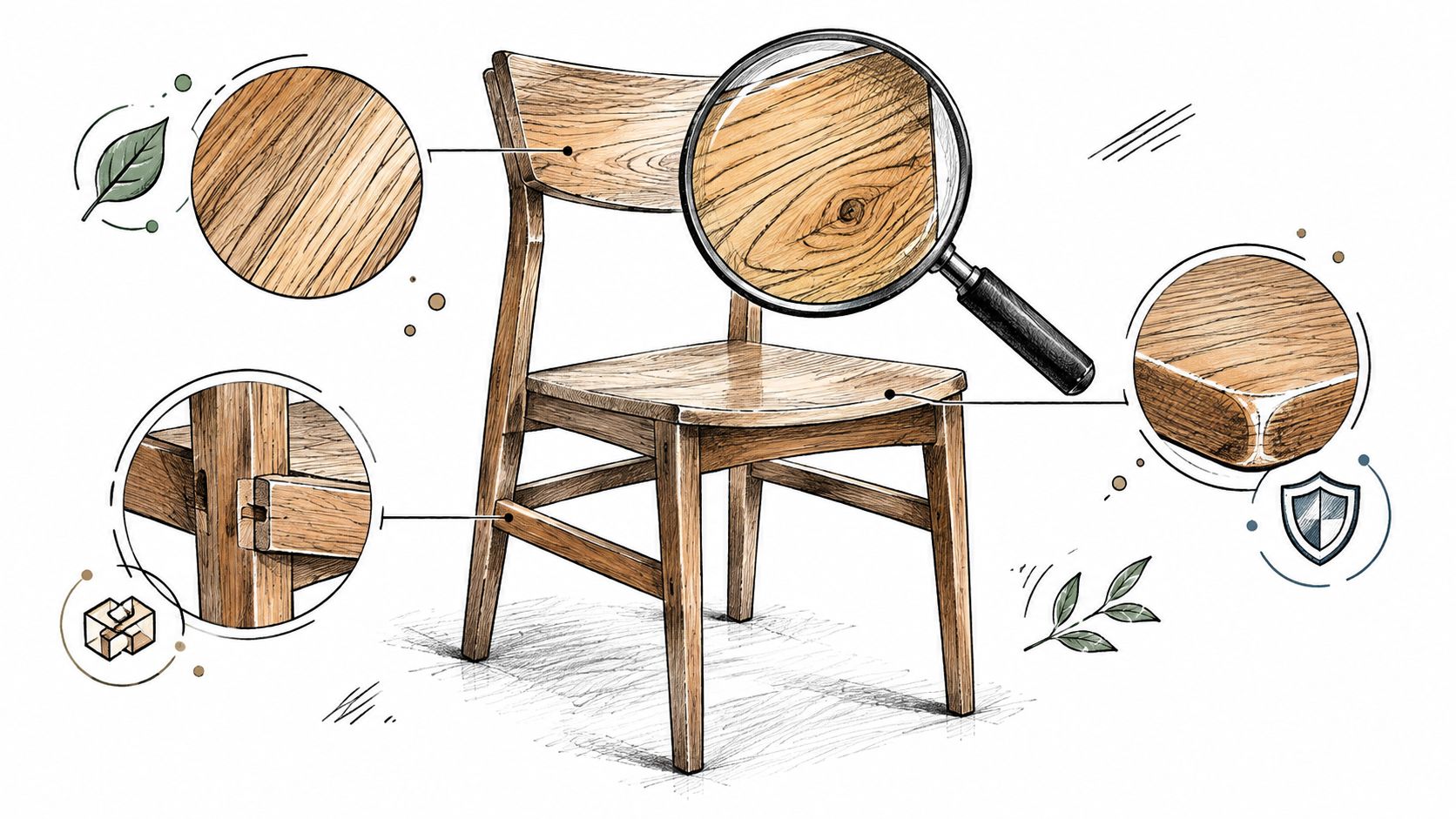 Illustrazione tecnica di una sedia in legno che mostra i dettagli costruttivi, le venature e le giunzioni.