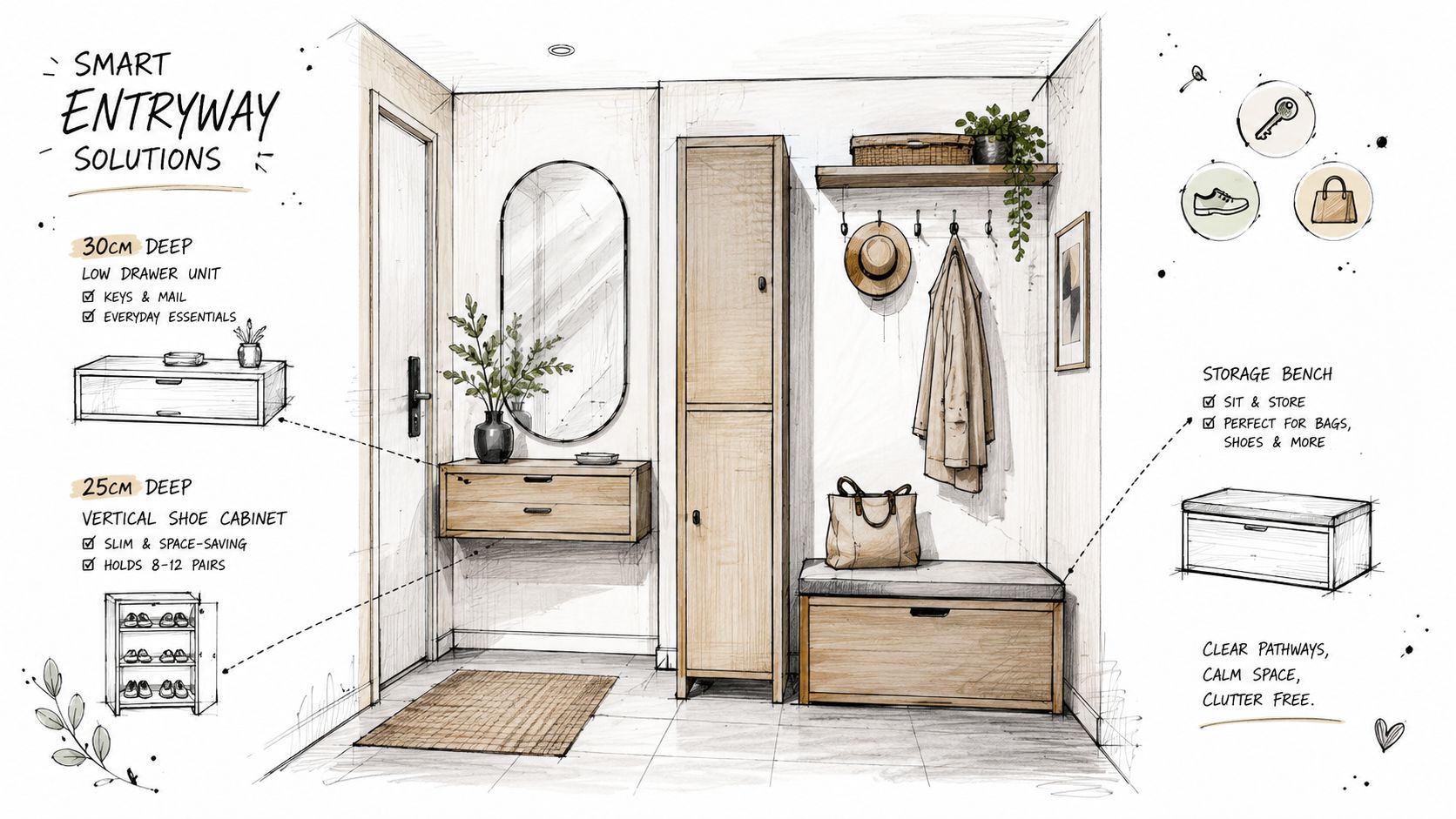 Un'illustrazione di design per l'arredamento di un ingresso di casa moderno, funzionale, organizzato e salvaspazio.