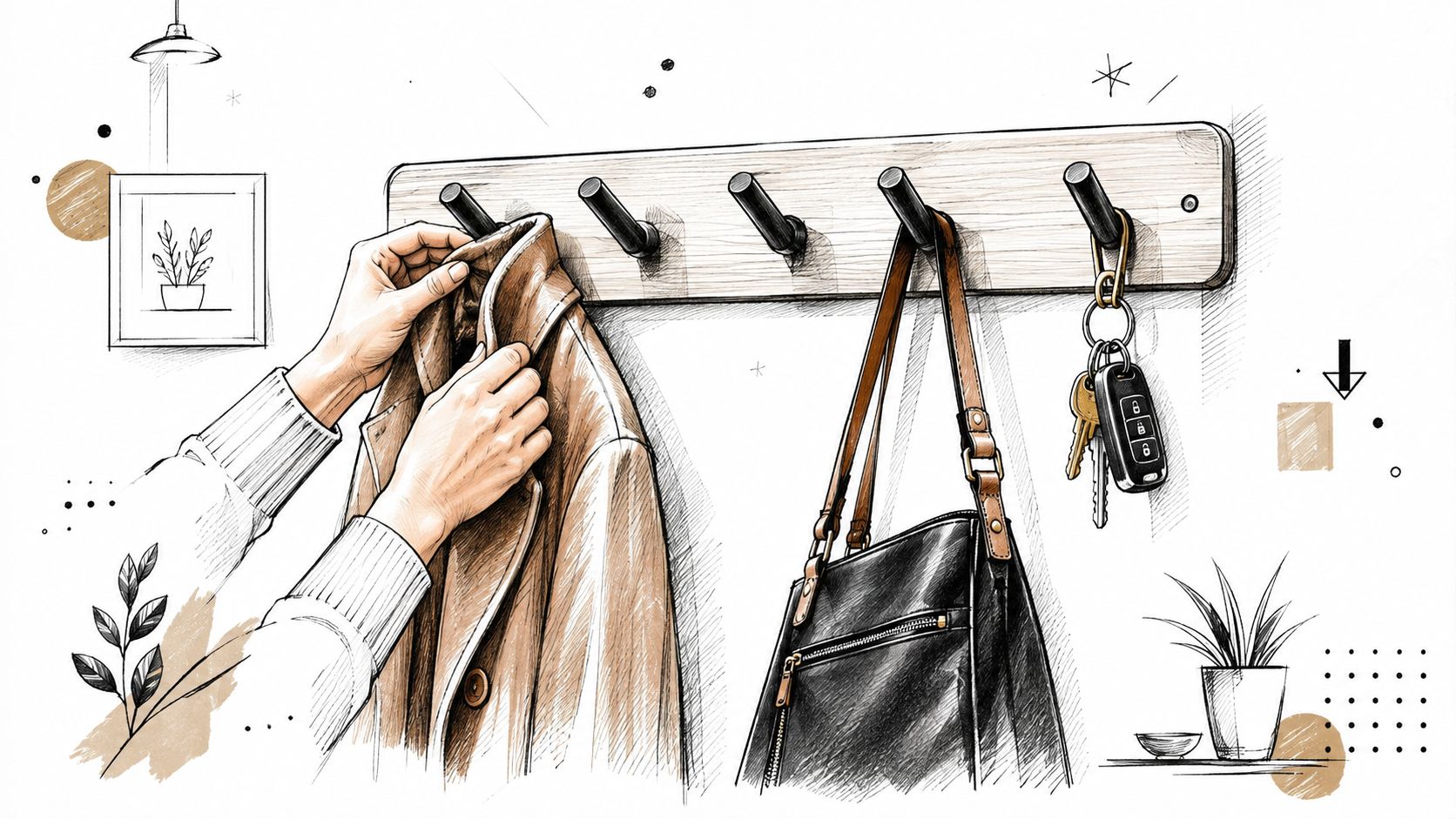 Illustrazione artistica che mostra una persona che appende un cappotto a un elegante appendiabiti di design moderno.