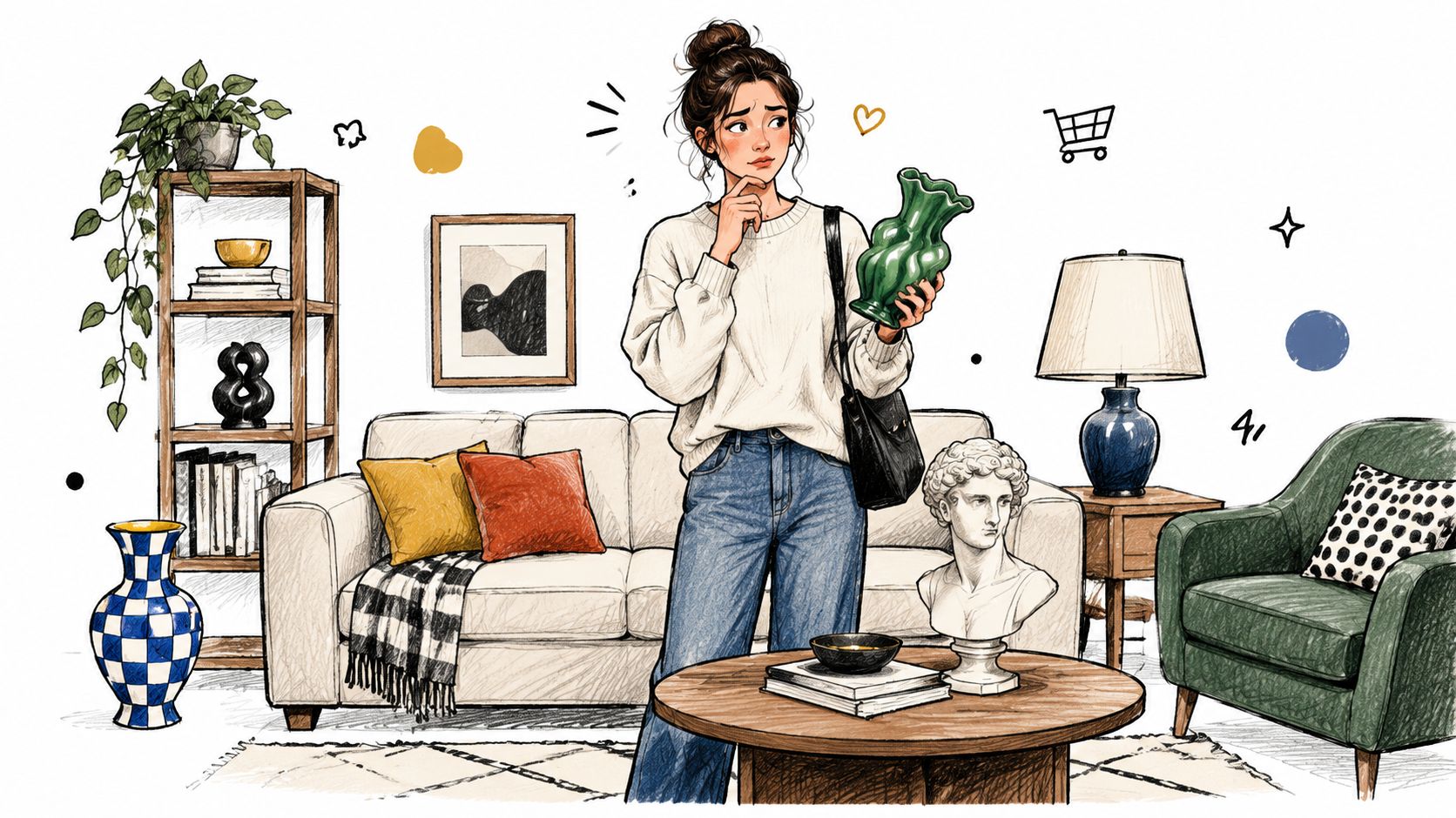 Una giovane donna tiene in mano un vaso verde mentre arreda un elegante soggiorno moderno con mobili chic.