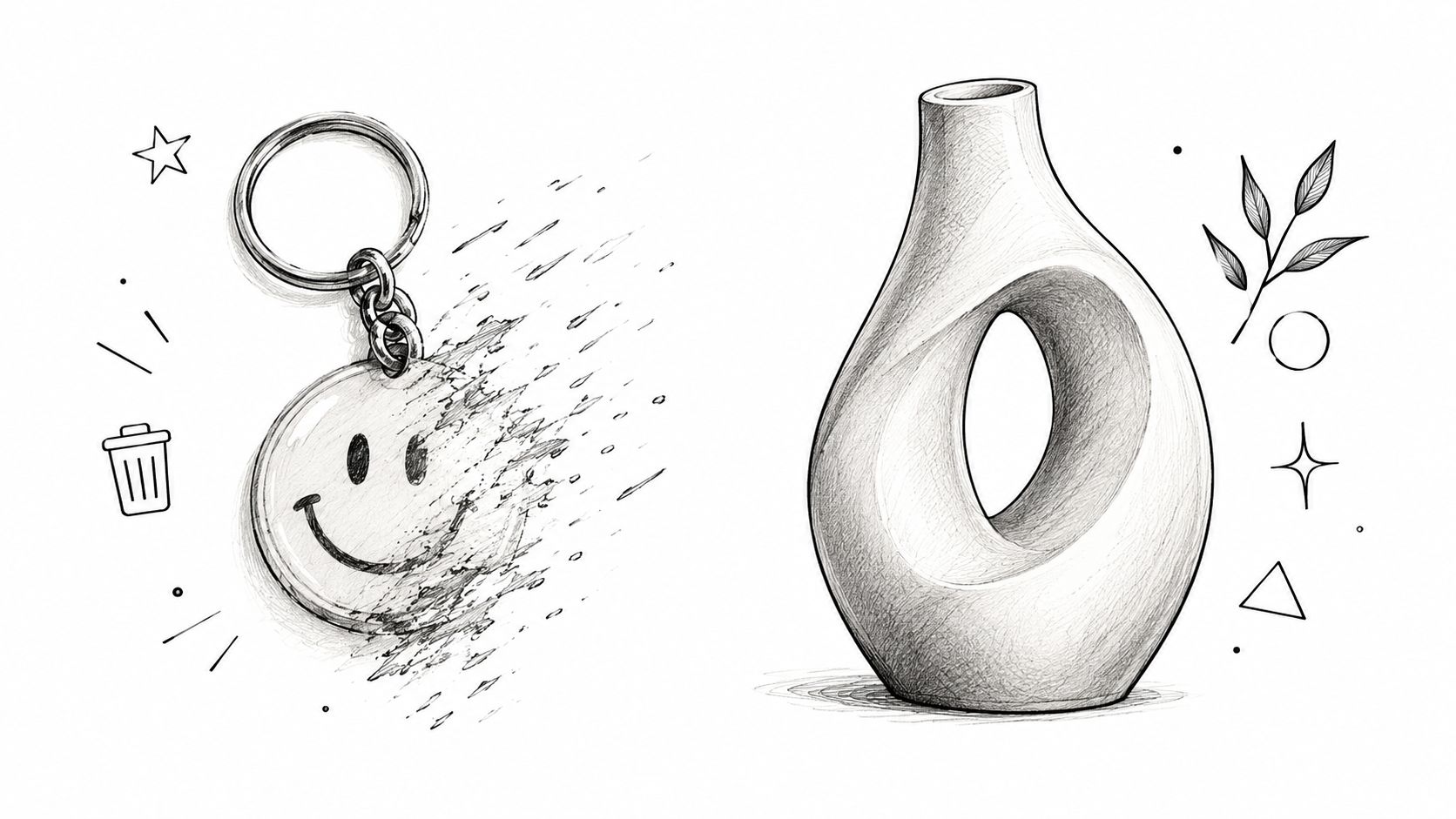 Illustrazione a matita con un portachiavi a faccina sorridente che si dissolve accanto a un elegante vaso moderno.