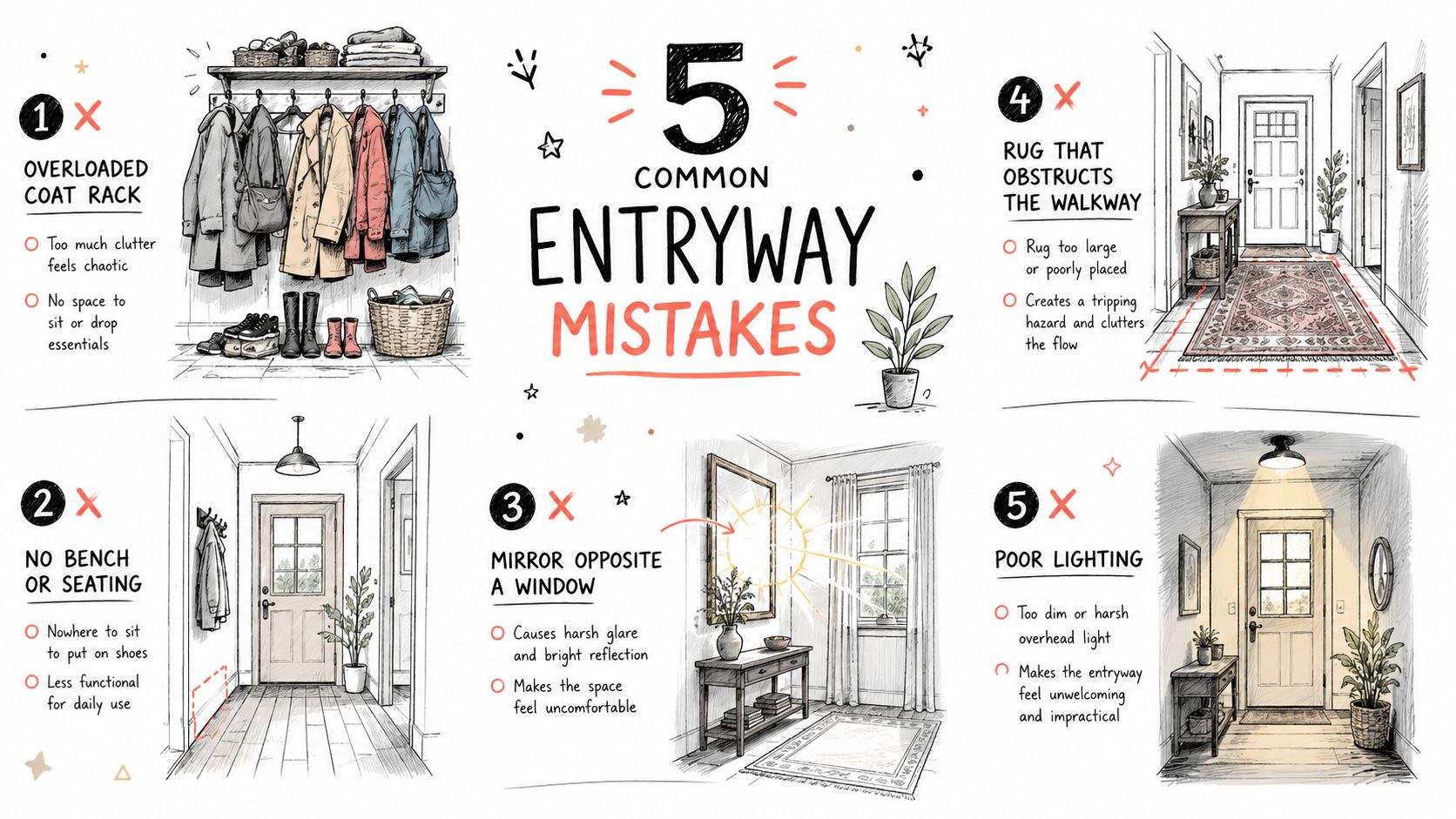 Un'illustrazione che descrive cinque errori comuni da evitare durante l'arredamento dell'ingresso di casa per migliorare funzionalità ed estetica.