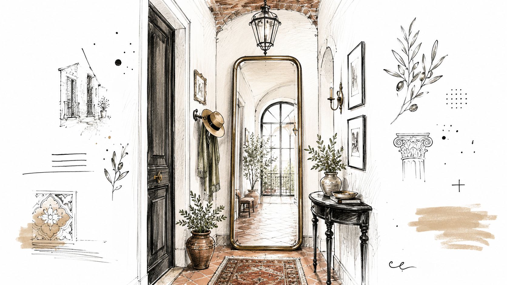 Un elegante corridoio in stile mediterraneo decorato con una grande specchiera moderna, piante e accessori raffinati.
